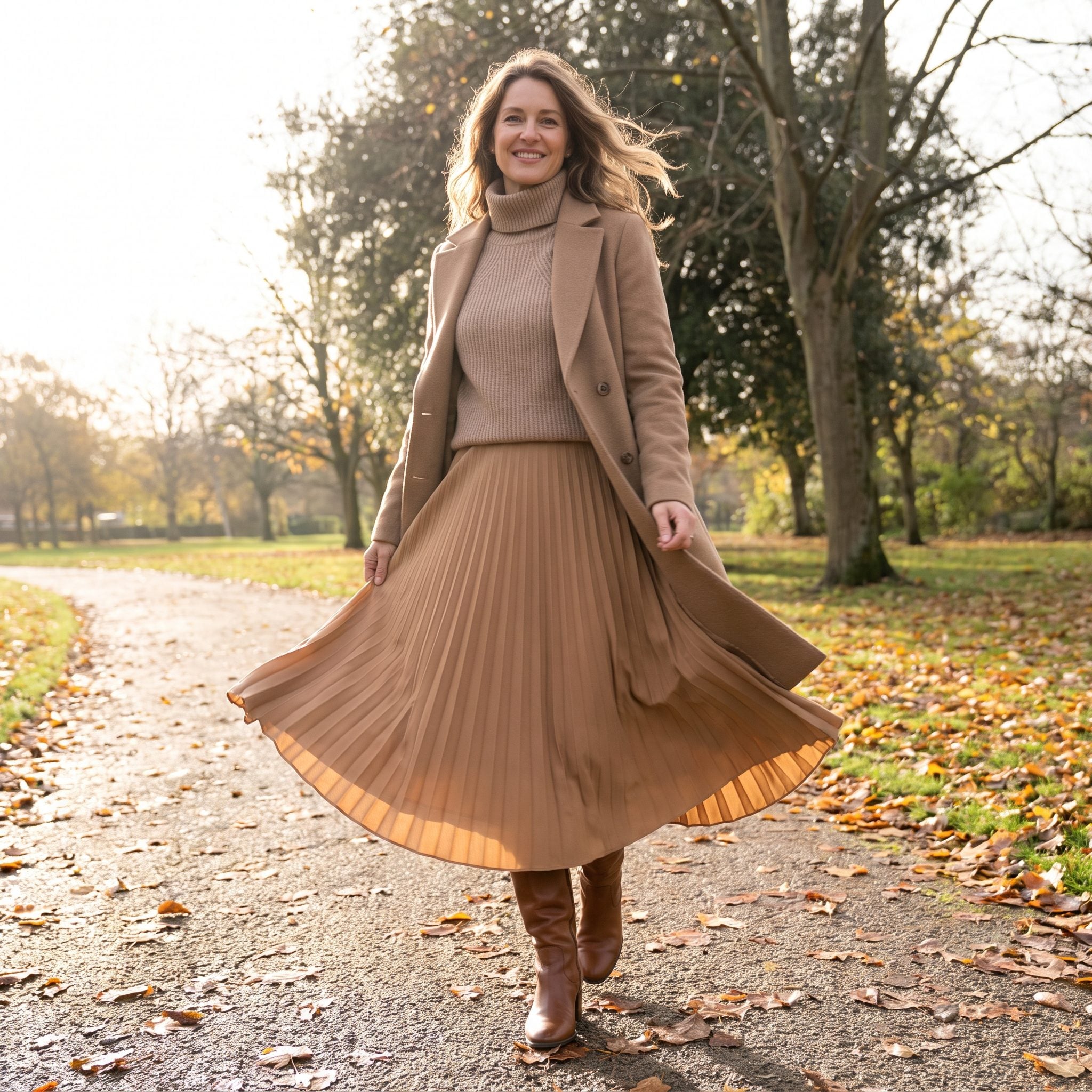 3. The Camel Pleated Midi Skirt With Real Swing