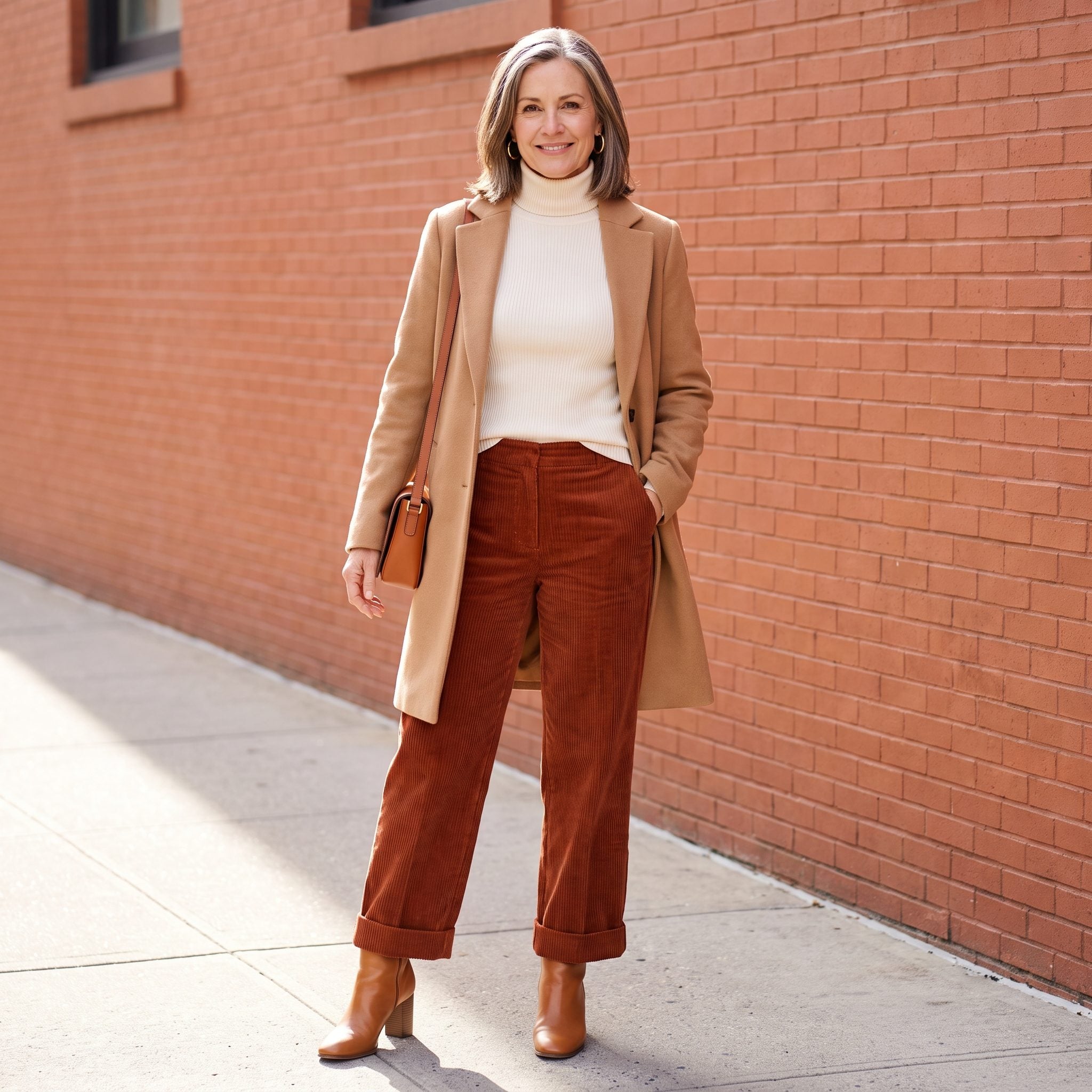 Rust corduroy trousers with caramel heeled ankle boots
