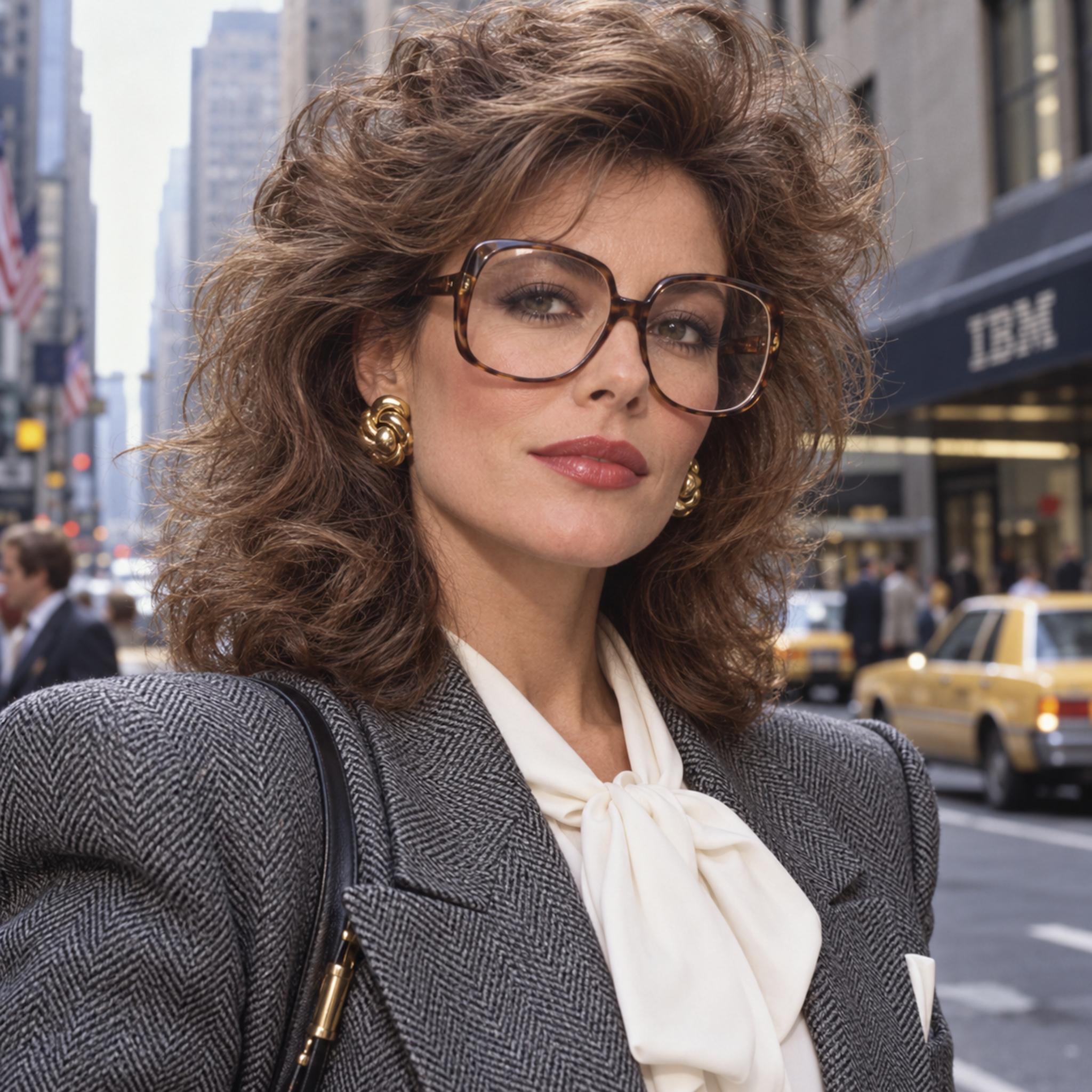 1980s businesswoman wearing oversized tortoiseshell eyeglasses