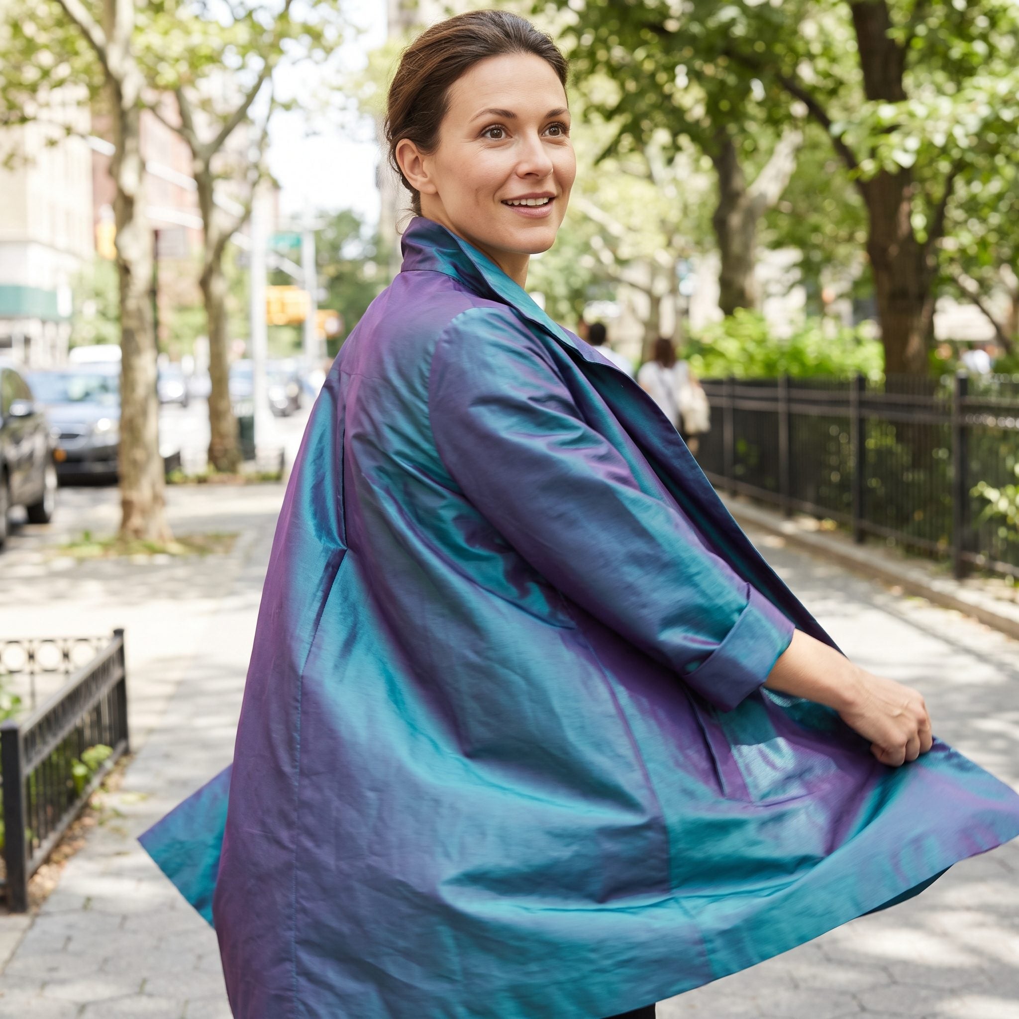 1980s iridescent taffeta prom gown shifting between teal and purple
