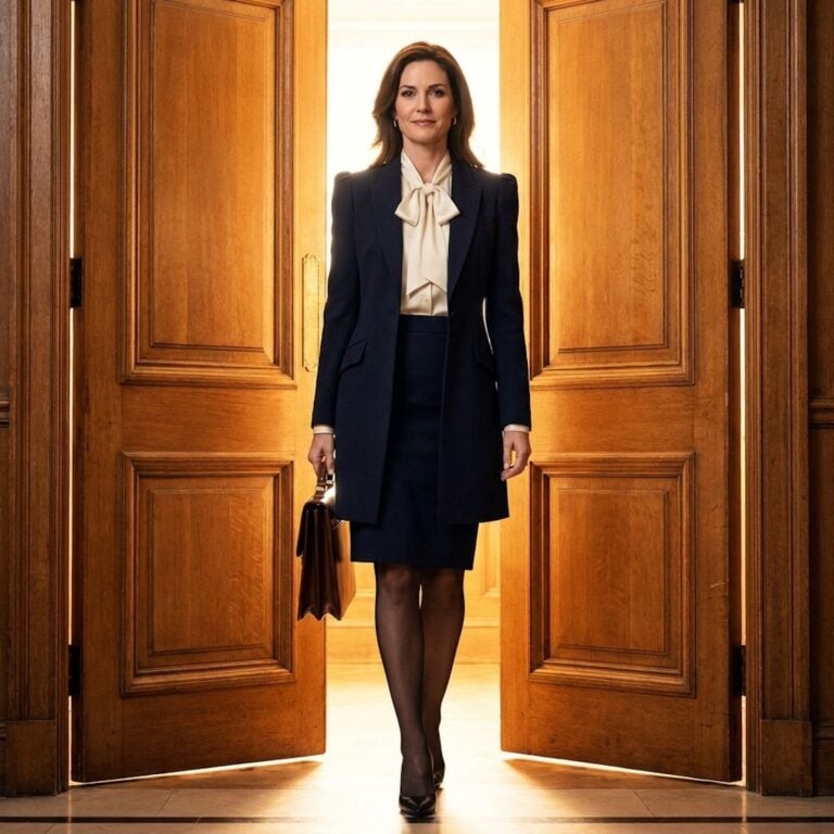 businesswoman with briefcase walking through doors