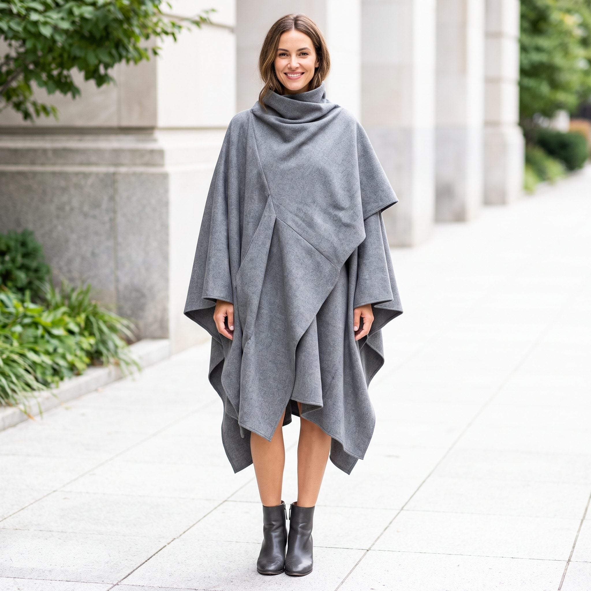 Camel and charcoal poncho with slim jeans and pointed ankle boots