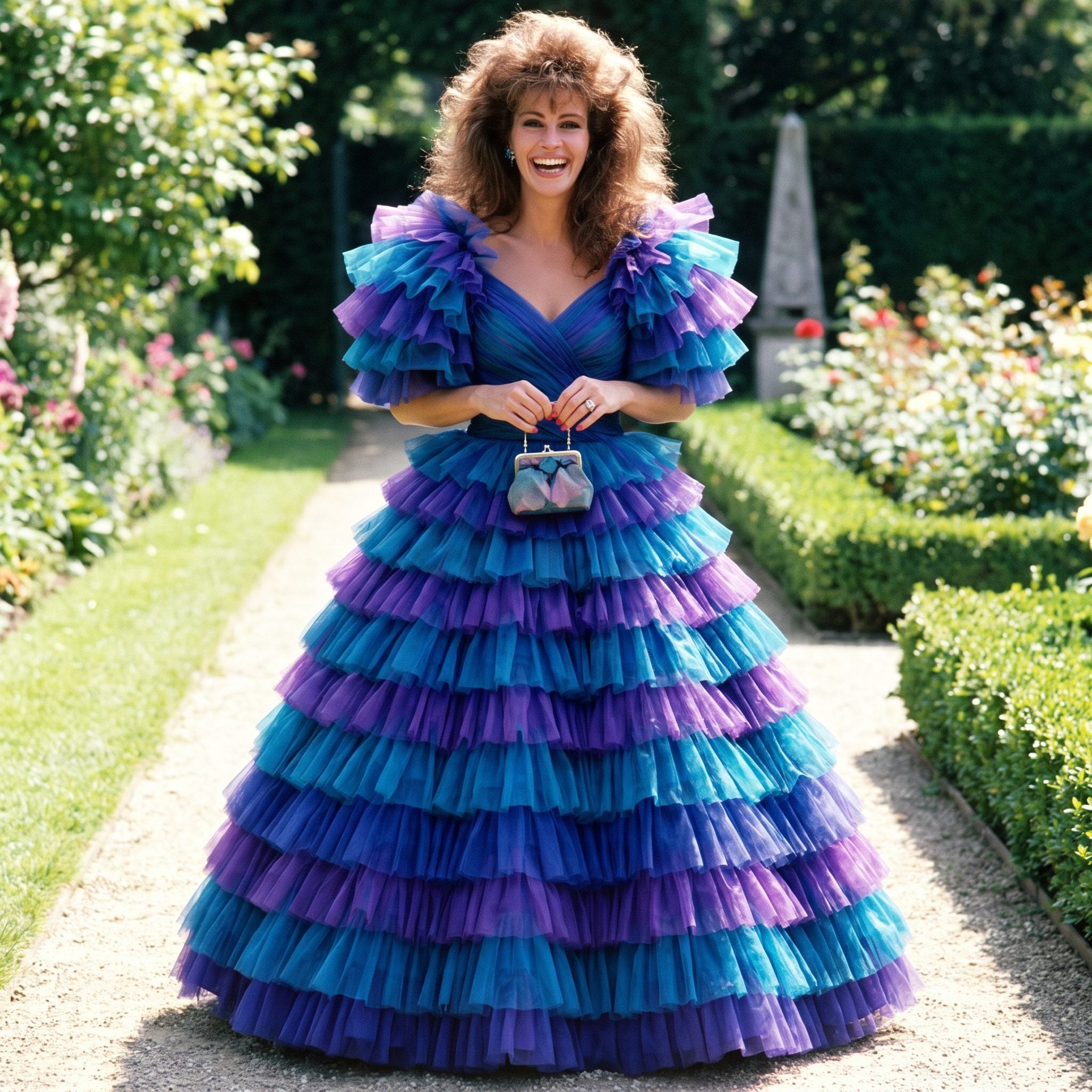 1980s peach taffeta princess gown with multiple tiers of ruffles