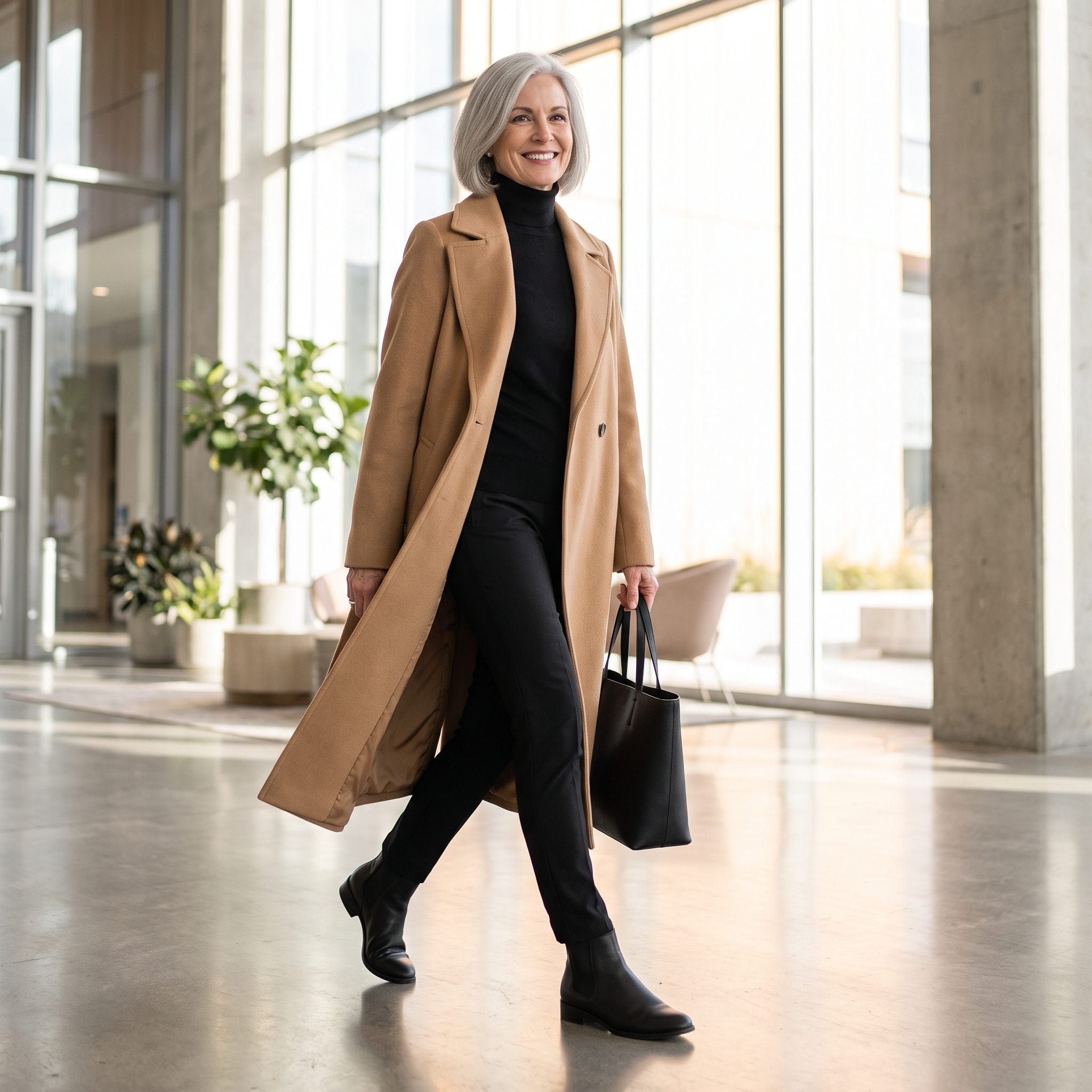Camel duster coat over an all-black outfit with ankle boots