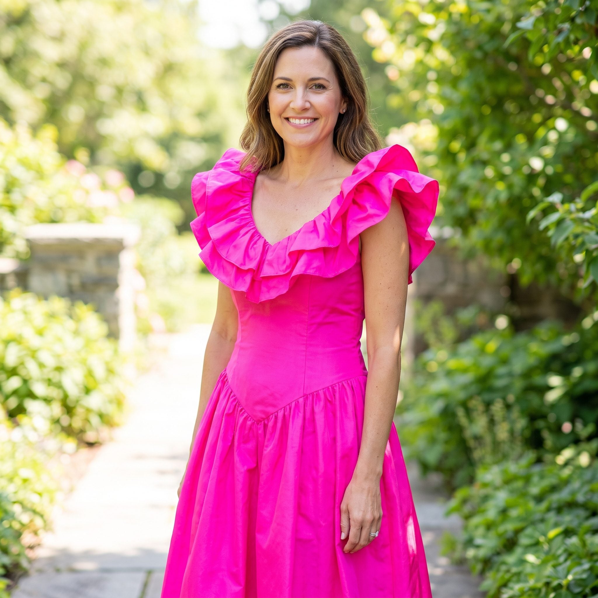 1980s neon fuchsia taffeta prom dress with exaggerated puff sleeves and an oversized bow
