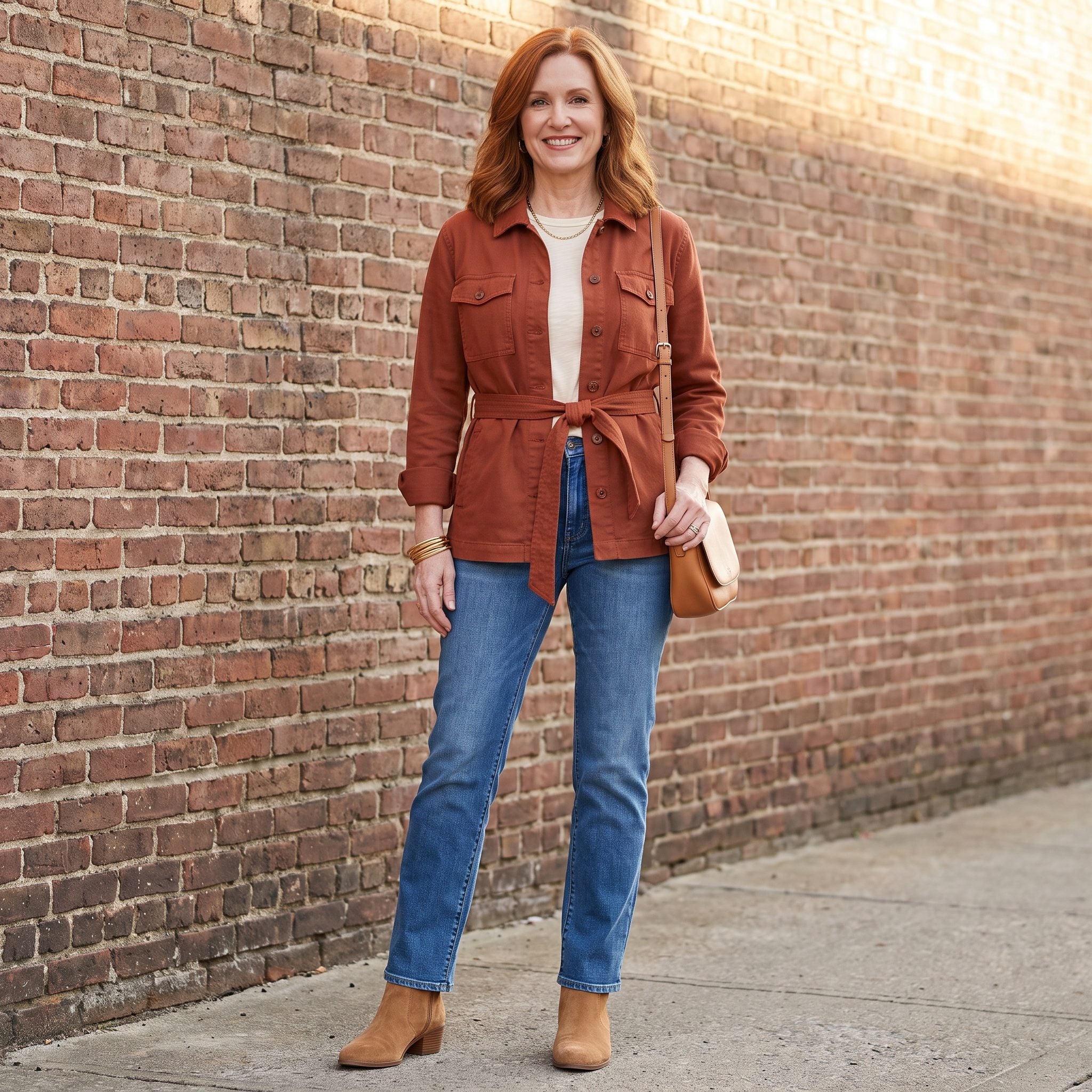 Belted rust-colored shirt jacket with straight jeans and rust suede ankle boots