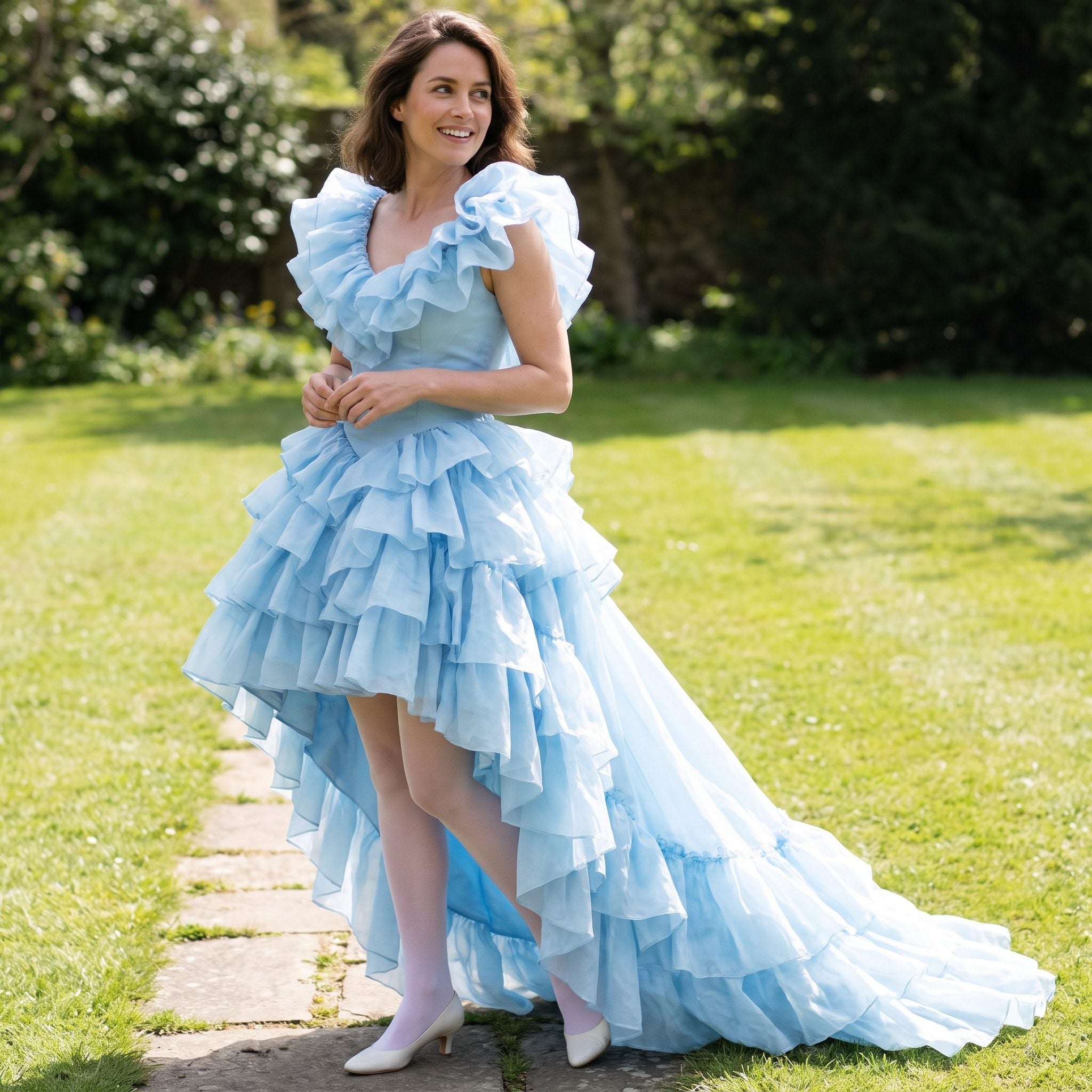 1980s turquoise high-low ruffled prom dress