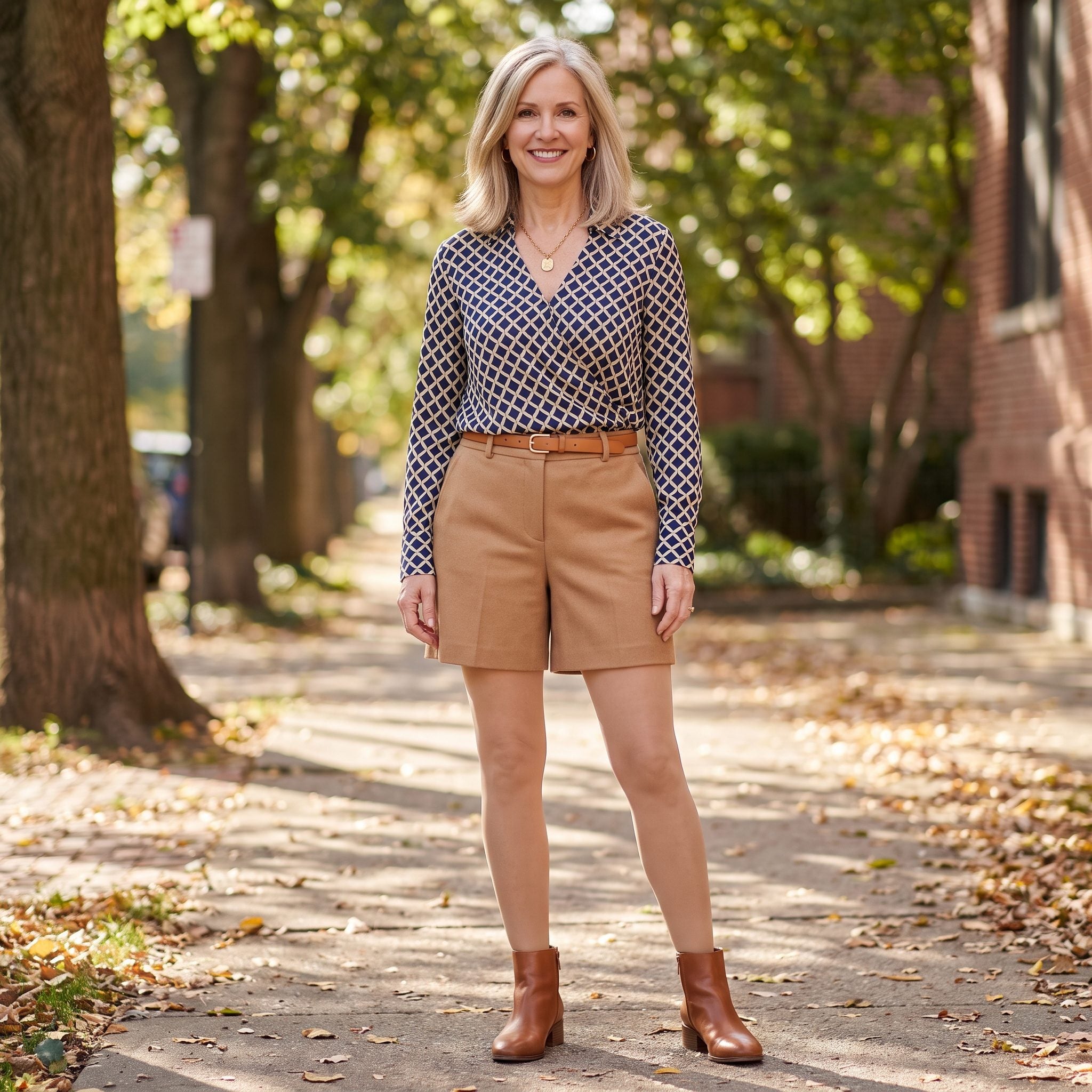 Tailored shorts with printed wrap blouse, sheer tights, and cognac ankle boots