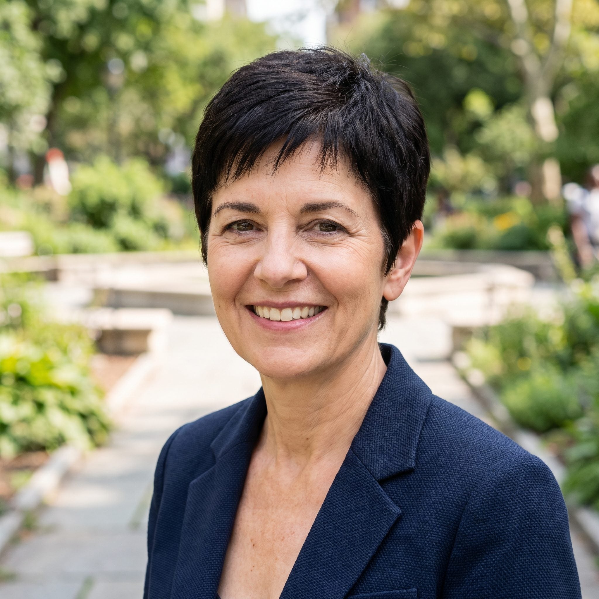 Woman with an ultra-short pixie in a dense near-black shade with little visible tonal variation