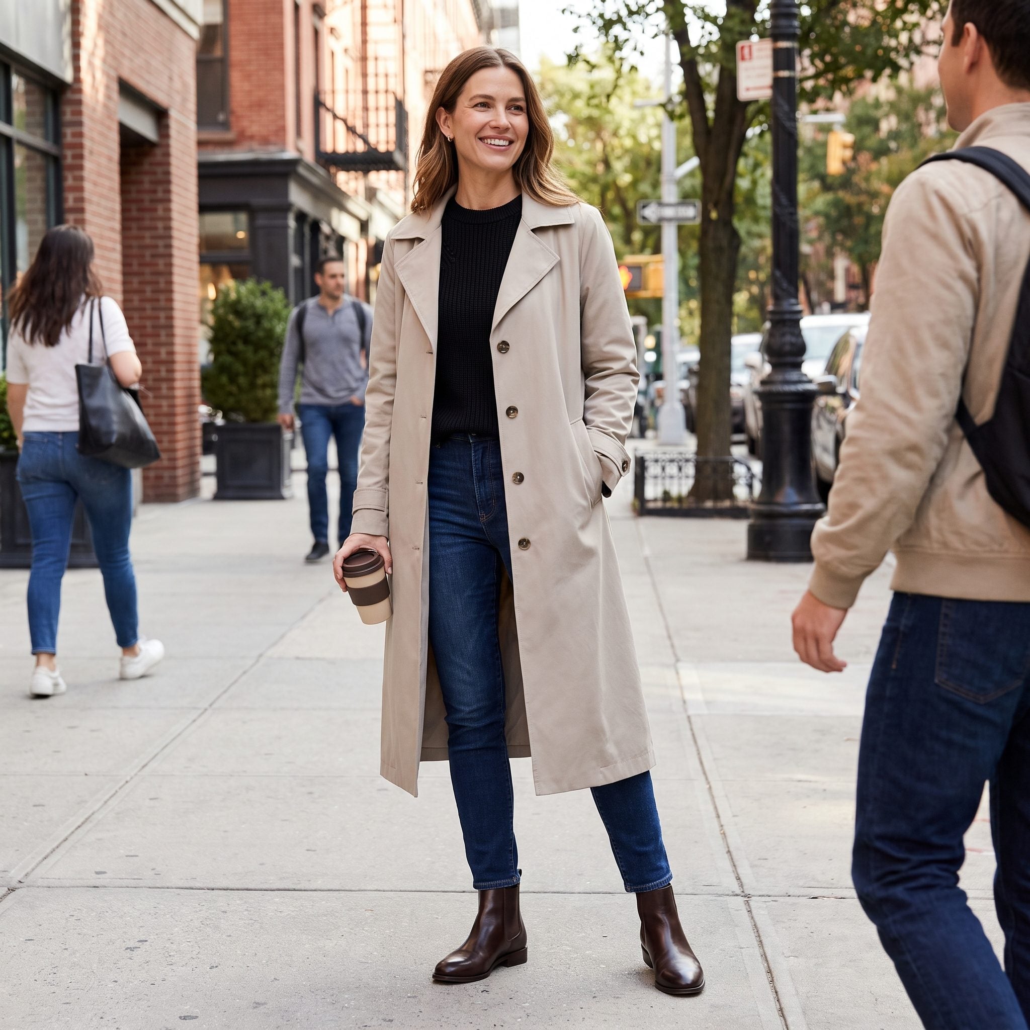 Stone trench coat with jeans, black knit, and dark-brown ankle boots