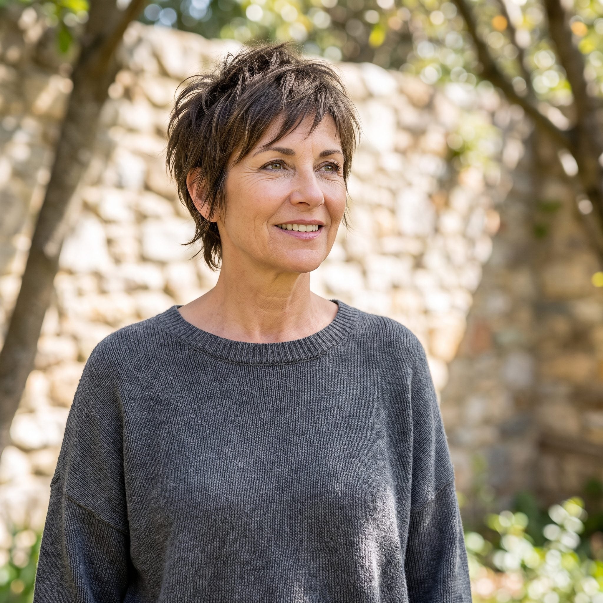 Woman with a trendy disconnected pixie whose fringe, side length and top shape do not work naturally with her hair texture