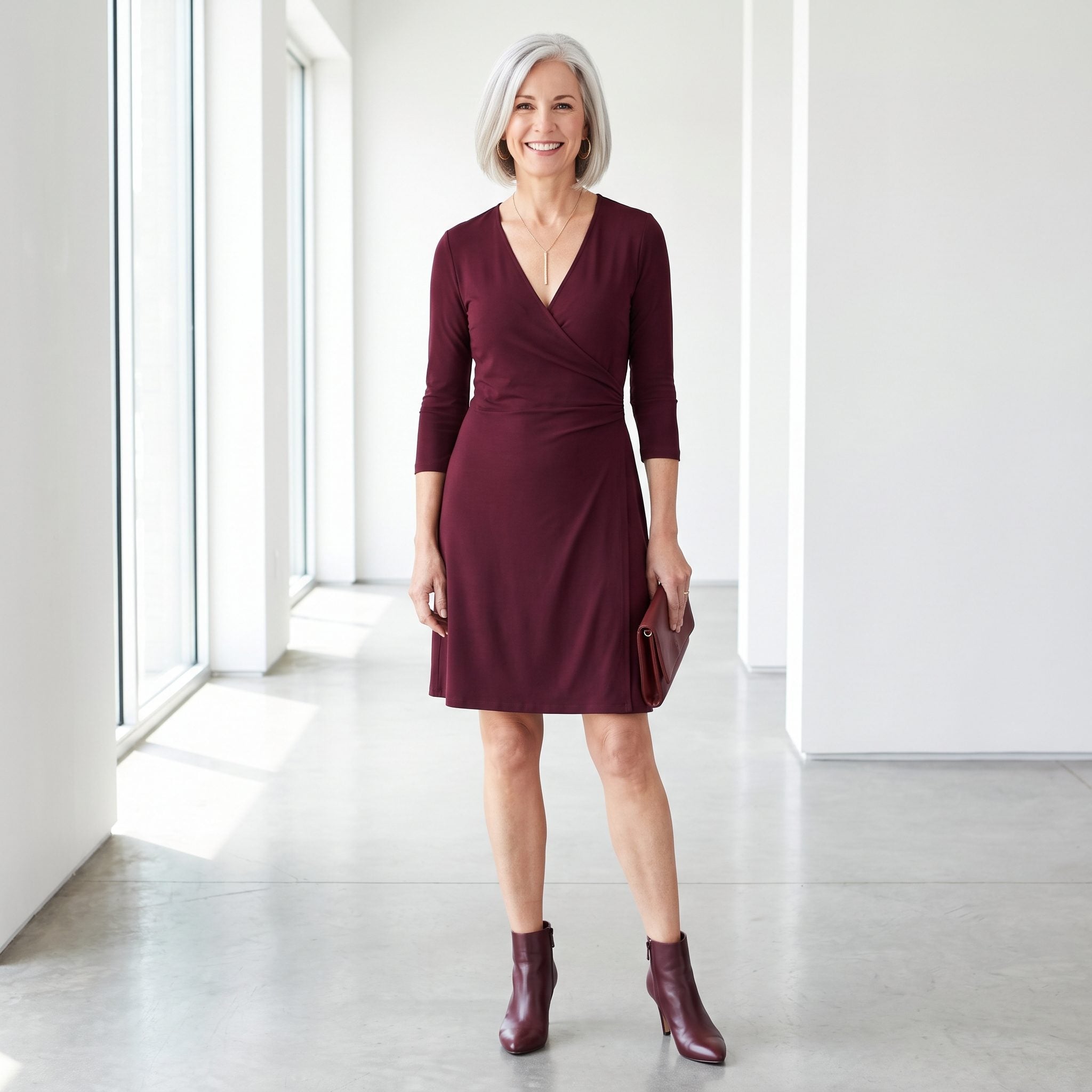 Burgundy wrap dress styled with matching heeled ankle boots