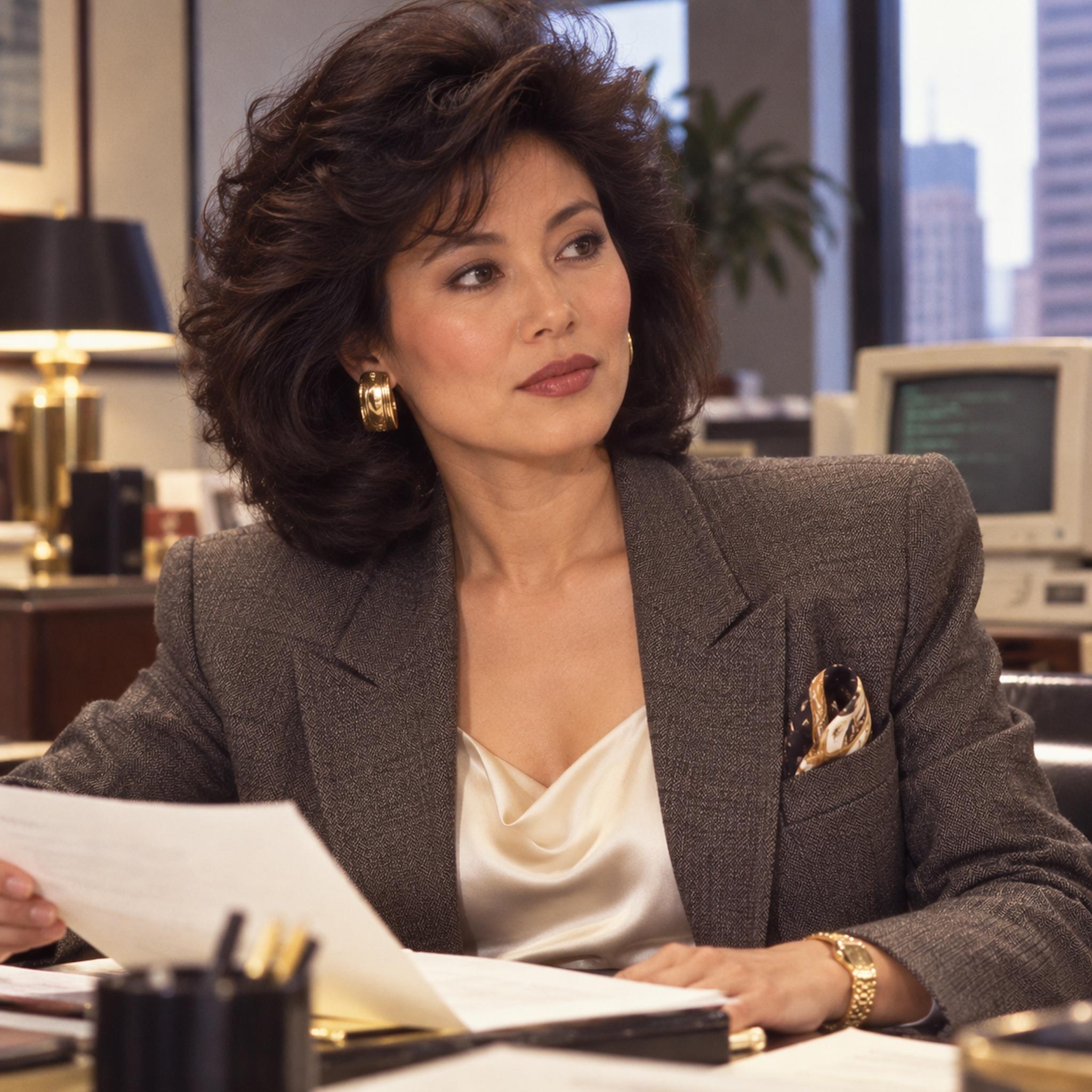 1980s businesswoman wearing a cream silk shell under a structured blazer
