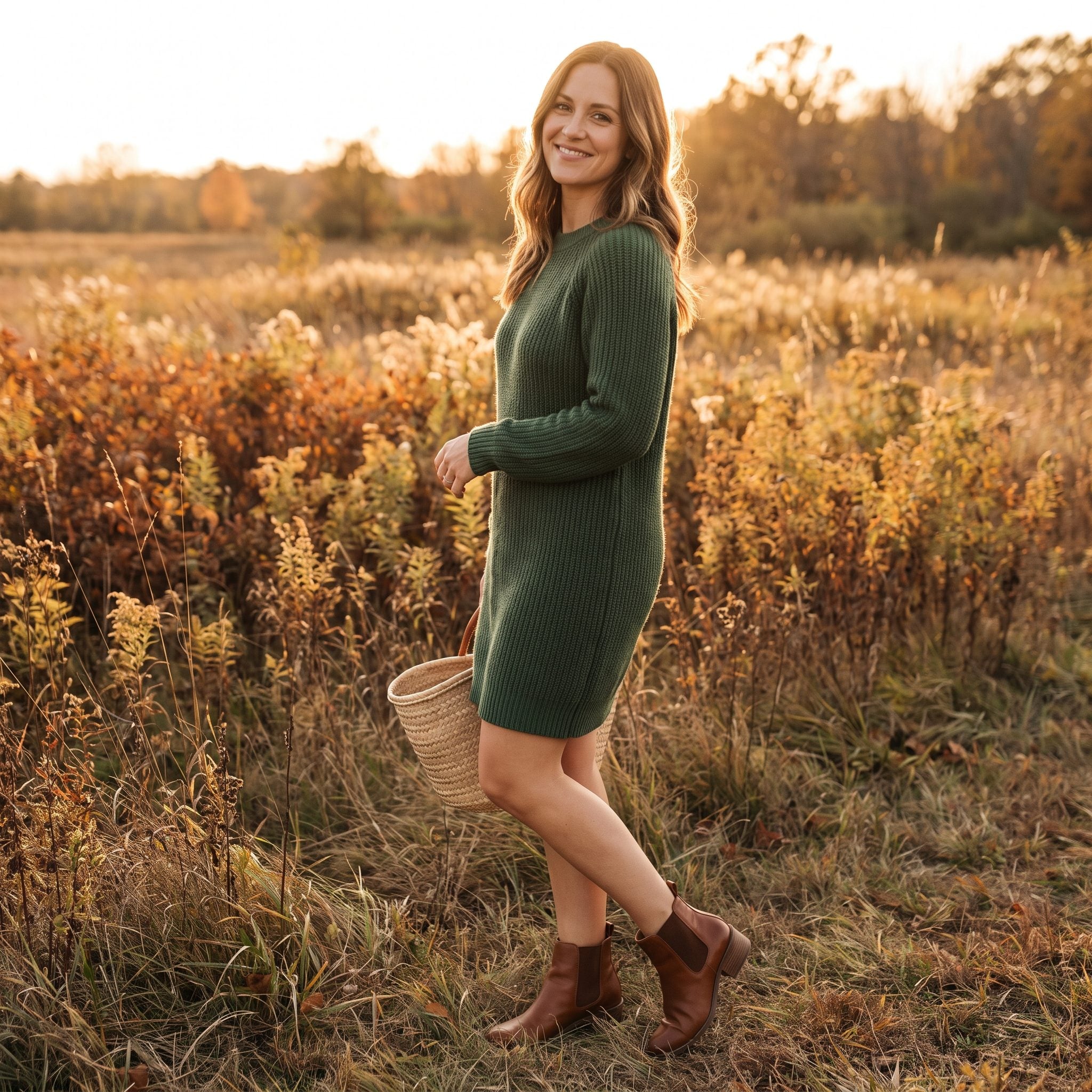 Forest-green sweater dress paired with dark-brown block-heel ankle boots