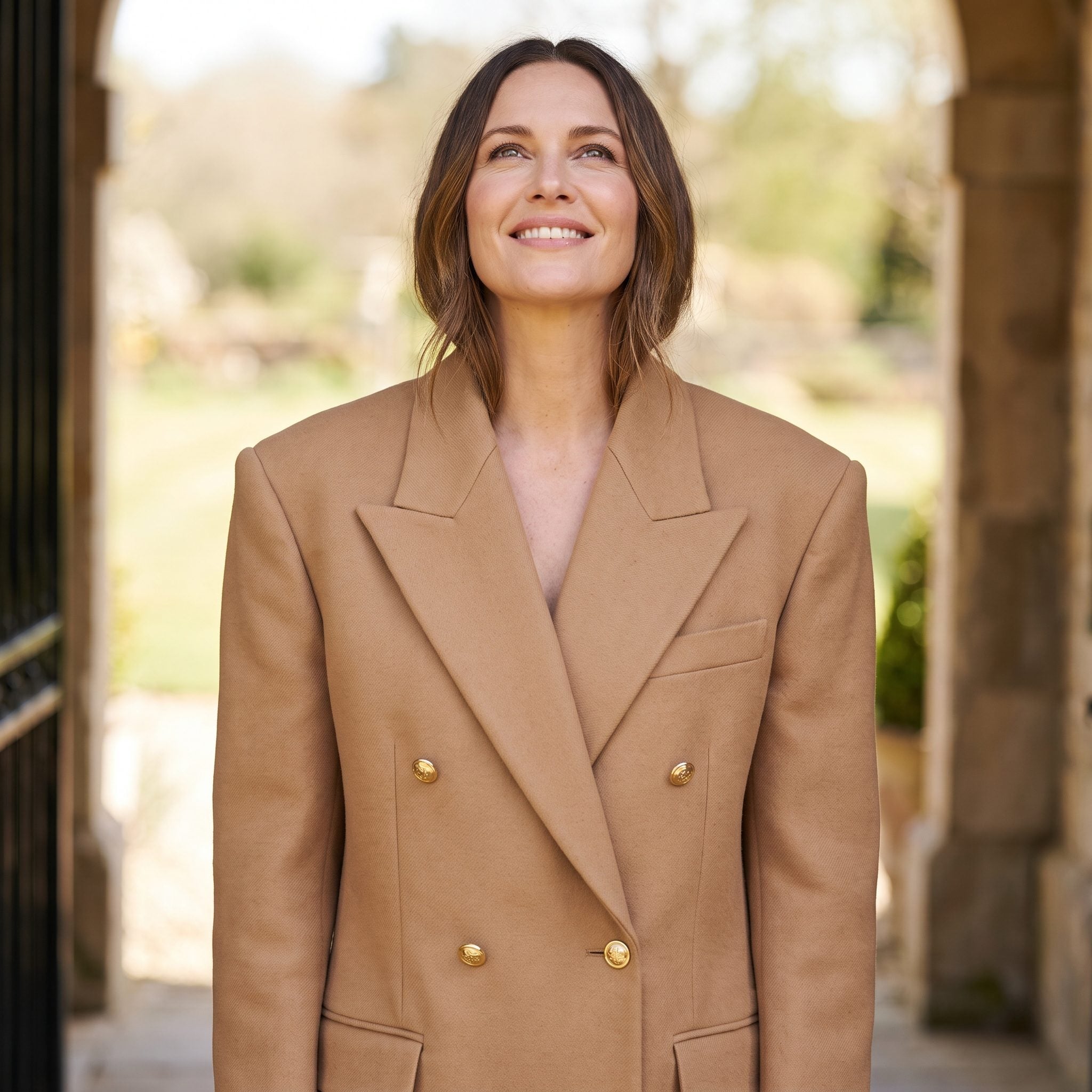 6. The Camel Double-Breasted Blazer With the Gold Buttons