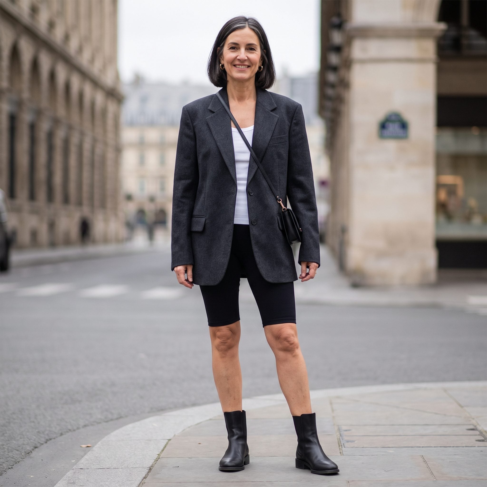 Oversized dark blazer with bike shorts and square-toe black ankle boots