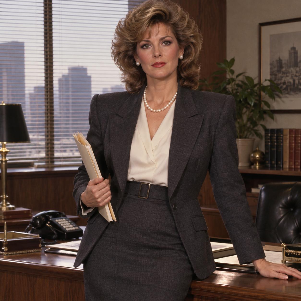1980s businesswoman wearing pearls with a hard-shouldered charcoal suit