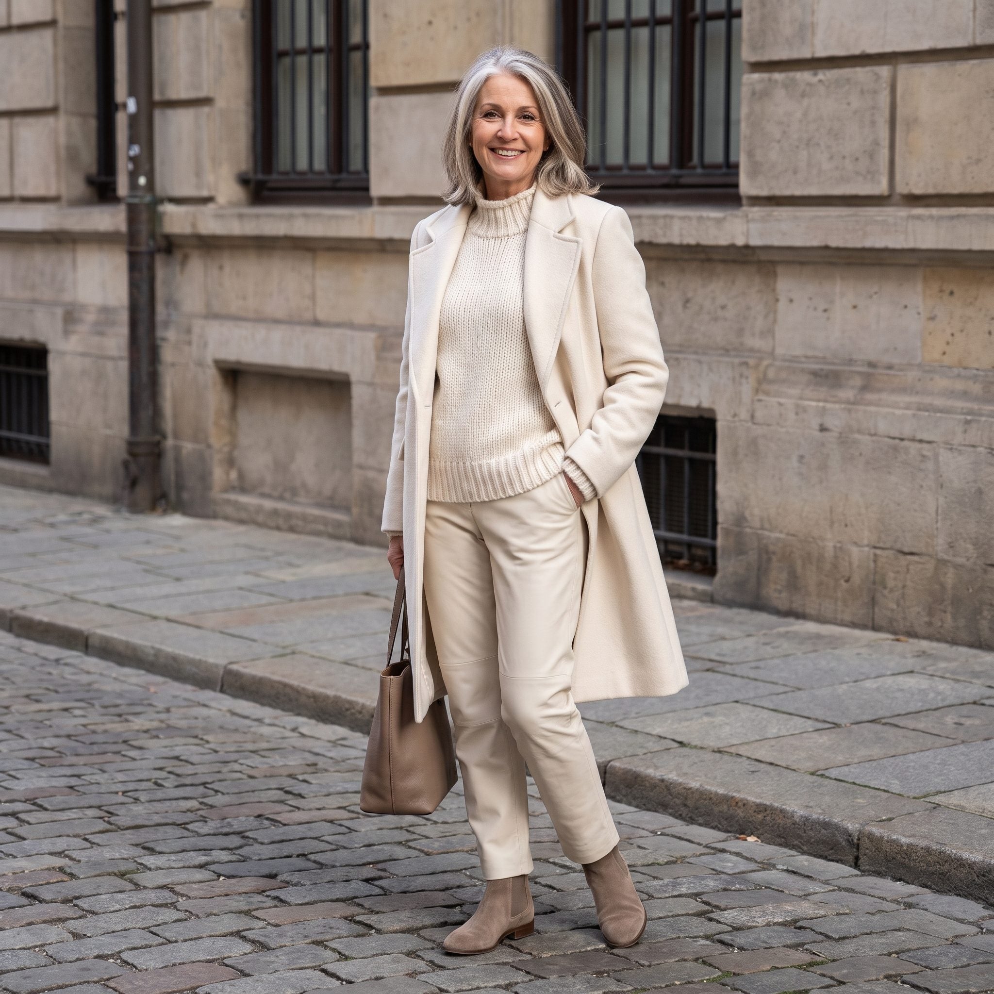 Cream monochrome outfit with taupe suede ankle boots