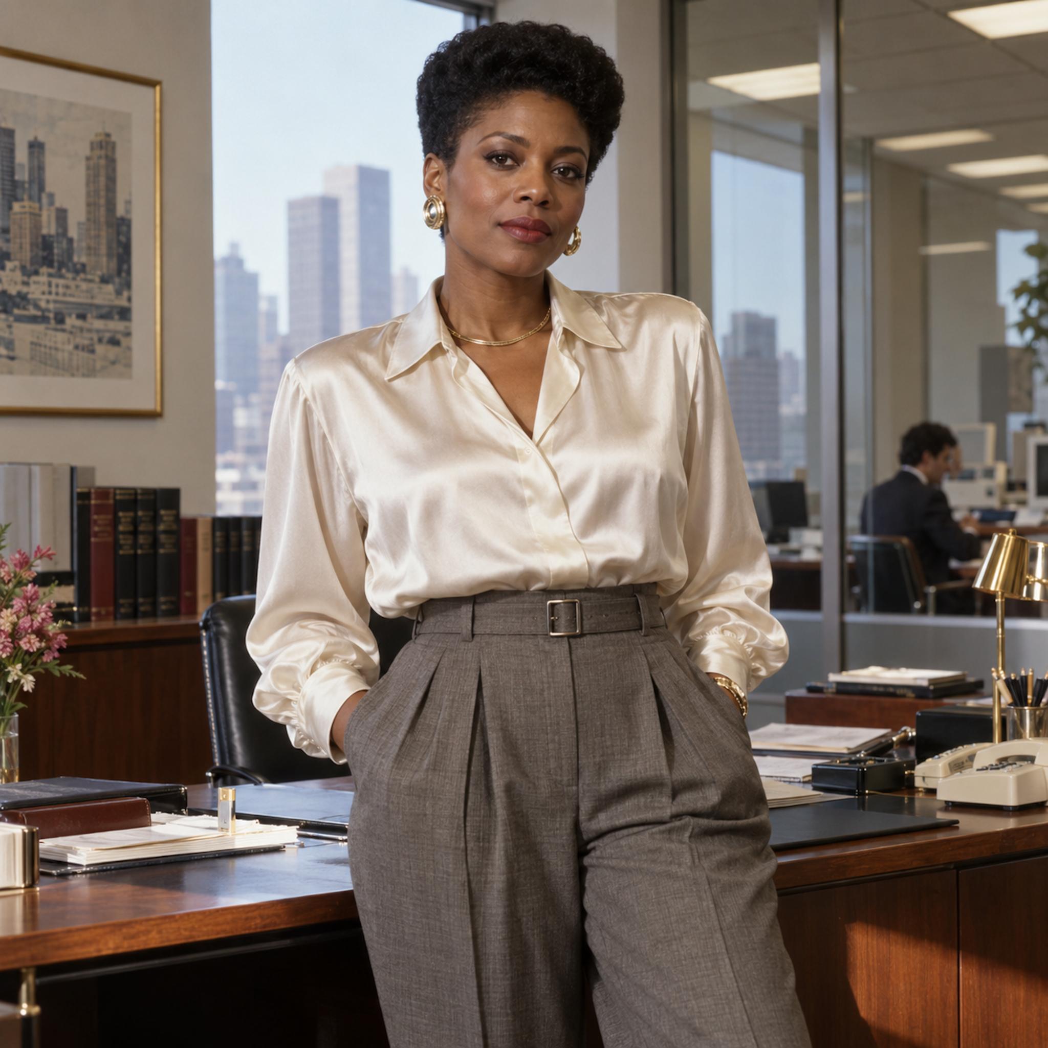 1980s businesswoman wearing pleated high-waisted trousers with a tucked silk blouse