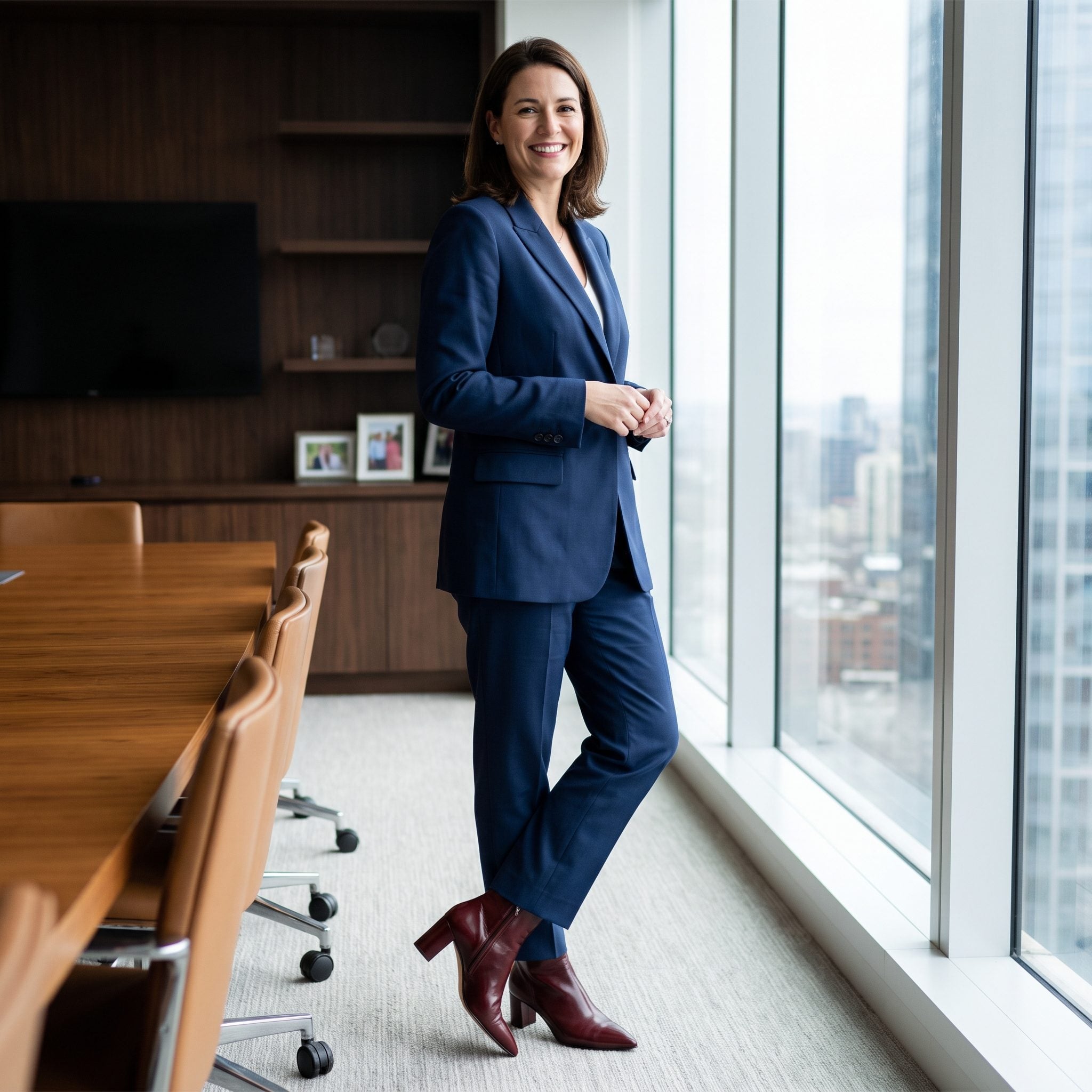 Relaxed navy trouser suit styled with oxblood pointed ankle boots