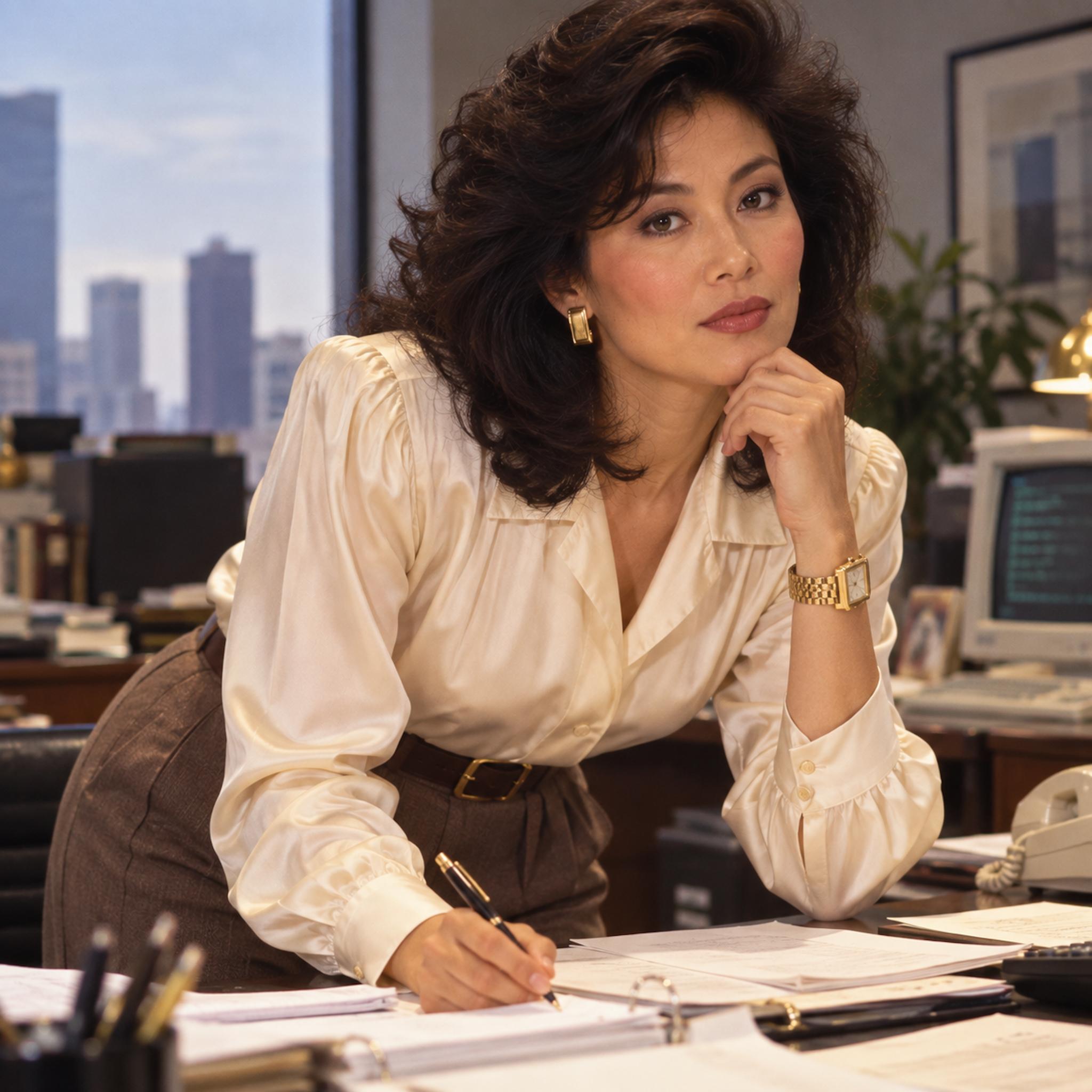 1980s businesswoman wearing a rectangular gold-tone wristwatch at her desk