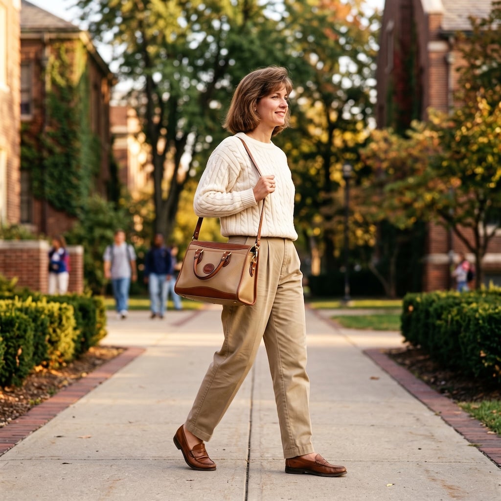 Dooney & Bourke All-Weather Leather satchel on a tree-lined campus walkway