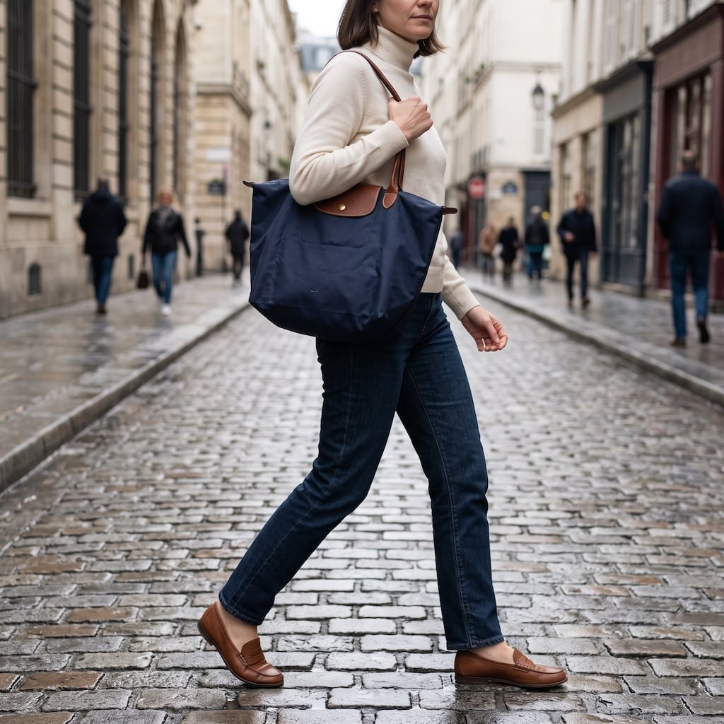 Longchamp Le Pliage navy nylon tote carried on a Paris street