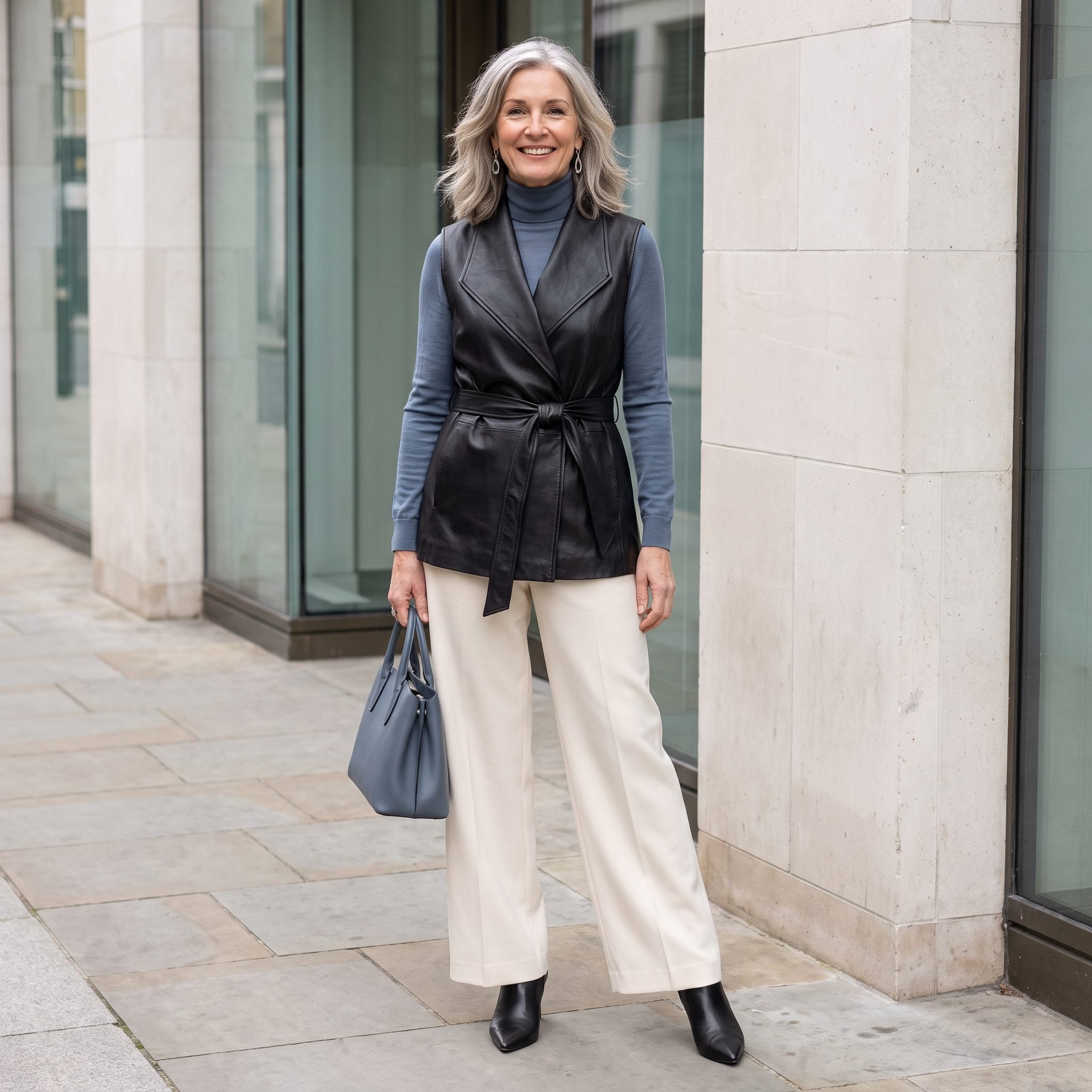 Smoky-Blue Turtleneck Under a Black Leather Wrap Vest