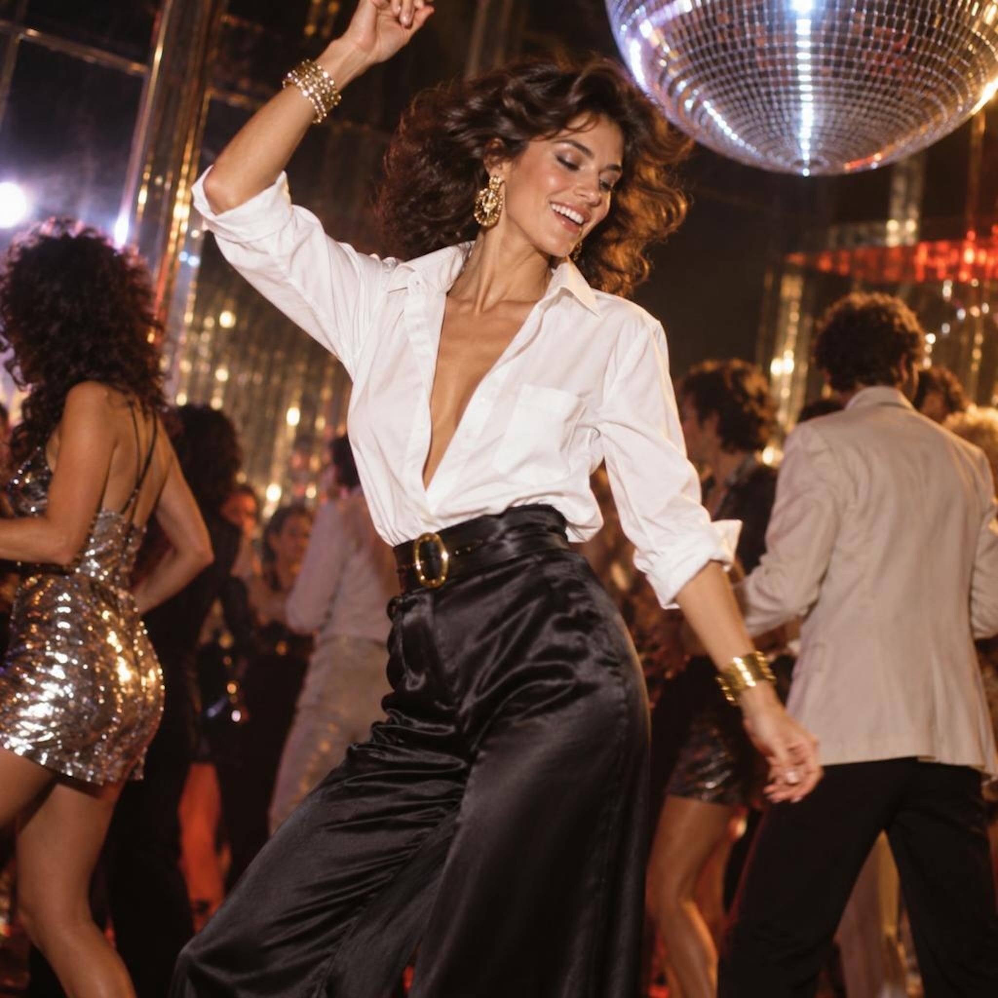 Late-1970s disco-inspired fashion with a woman dancing in an open-collar white shirt, black satin trousers and gold jewelry beneath a mirrored disco ball
