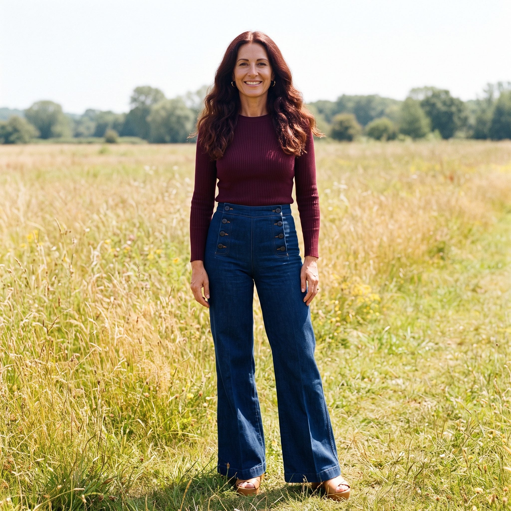 1972 sailor-front flare jeans with decorative buttons marching up the hips