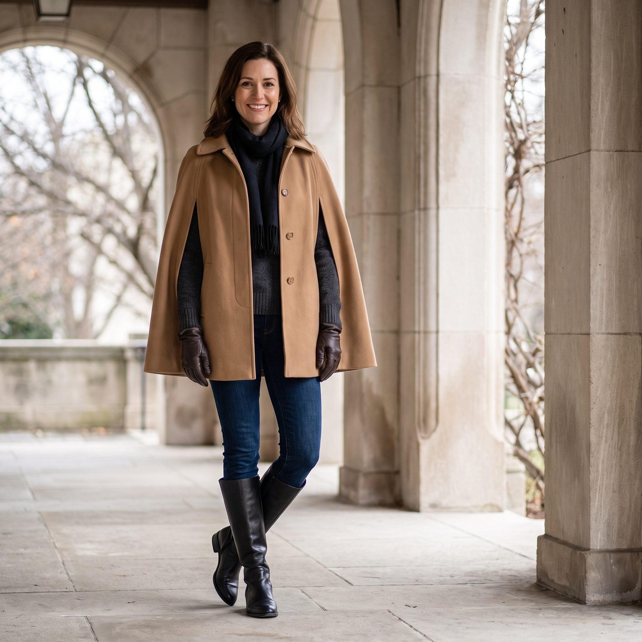 Winter outfit with dark cigarette jeans tucked into black knee-high boots beneath a camel cape coat