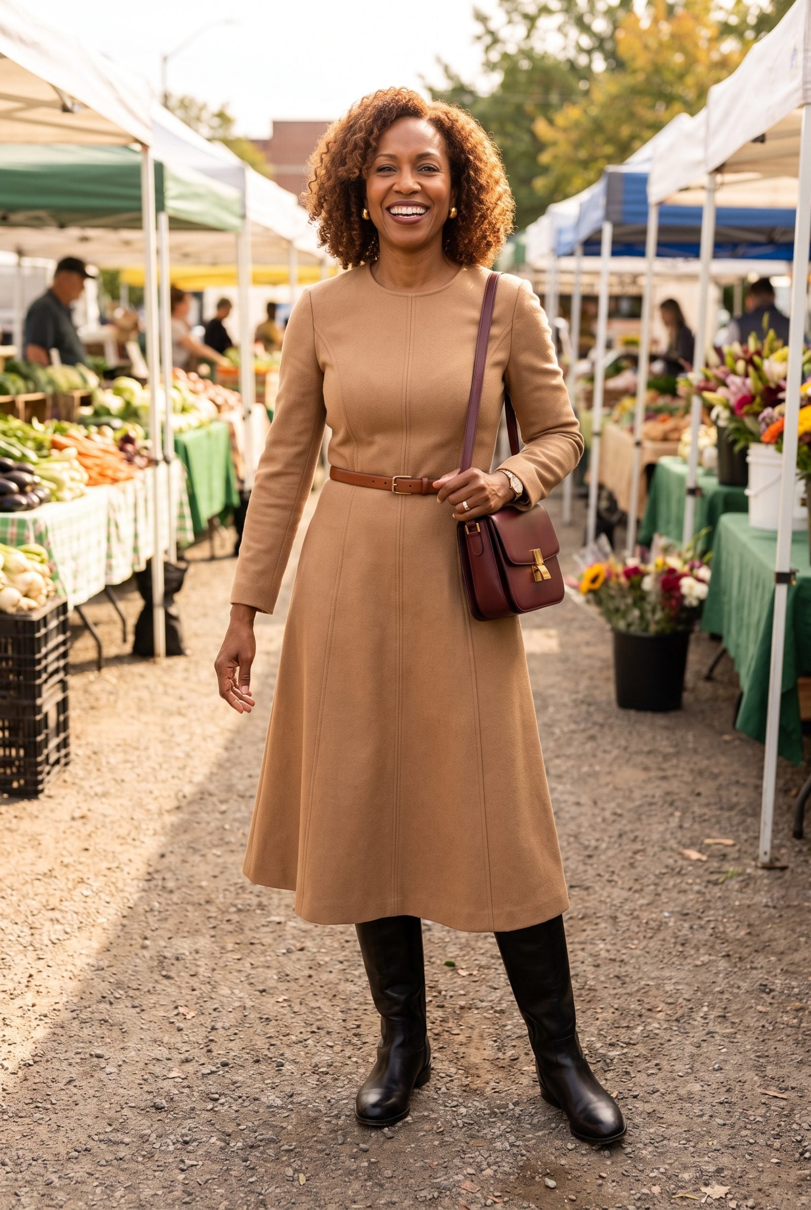 Woman in a camel A-line midi dress with tall black riding boots almost entirely hidden, only the boot toes showing below the