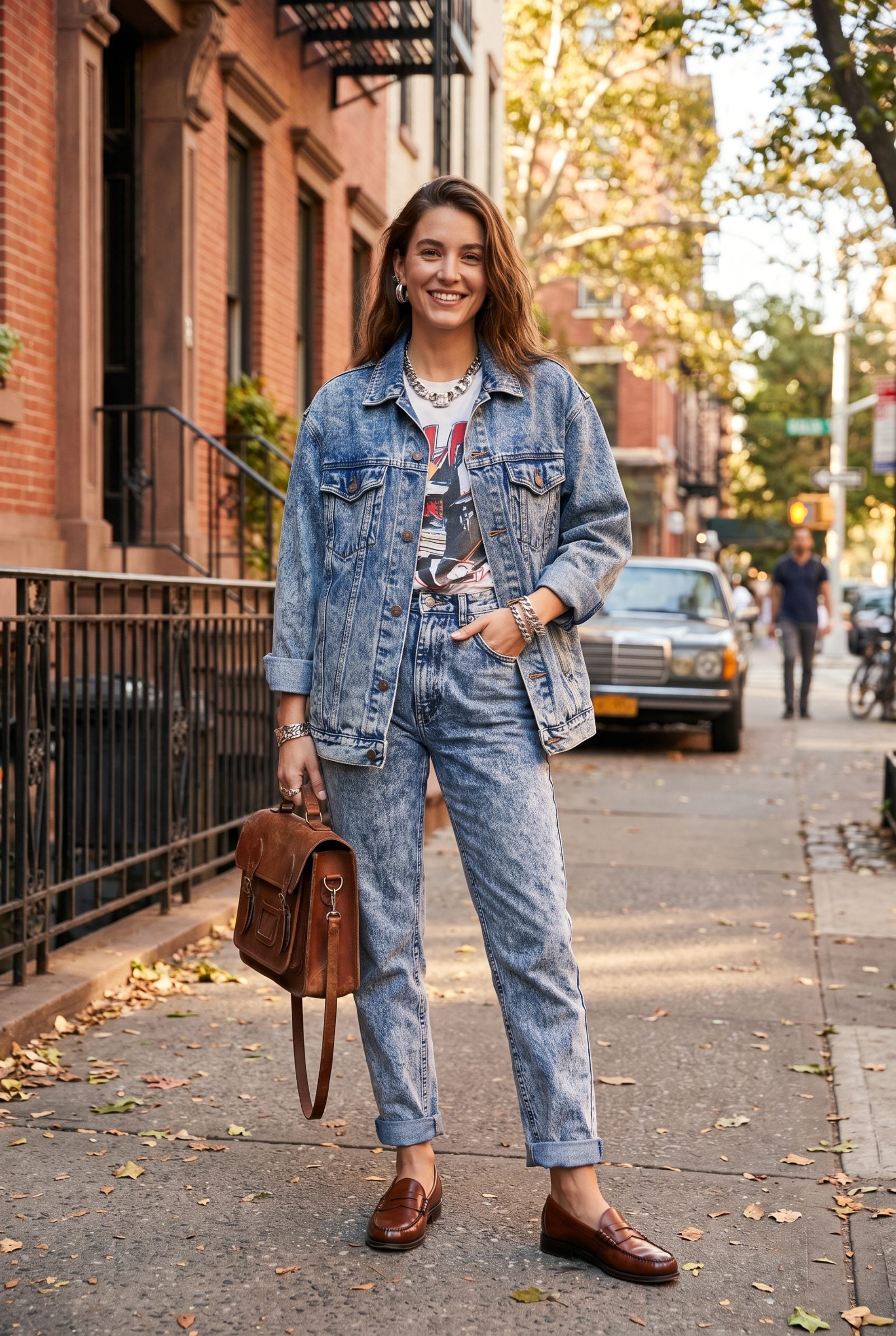 Woman in bold acid-wash jeans and traditional brown penny loafers, two clashing style eras.