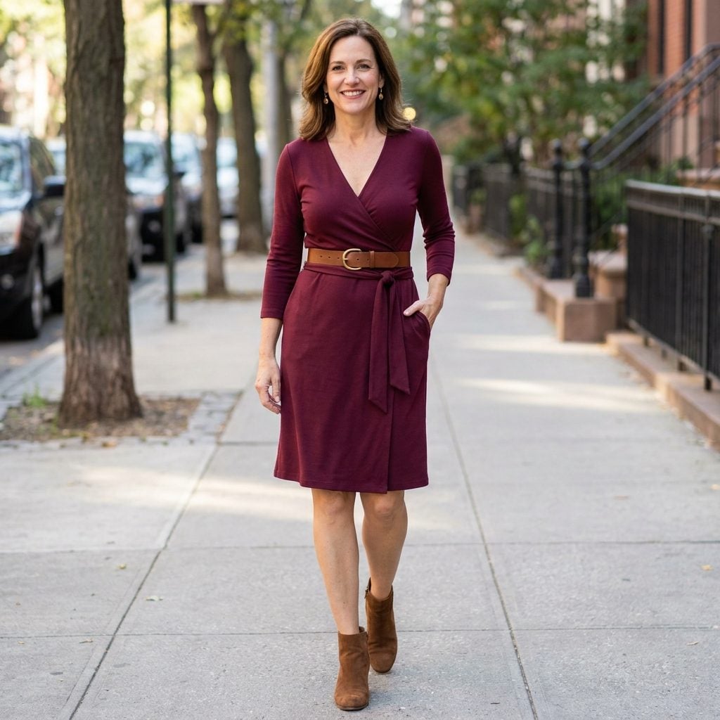 Woman in a burgundy wrap dress with its self-tie sash and a second leather belt layered over it at the waist.