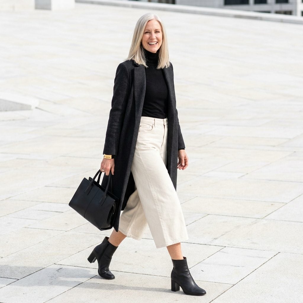 Woman in very wide ecru cropped jeans that flare like a culotte with black ankle boots and bare shin showing between them.