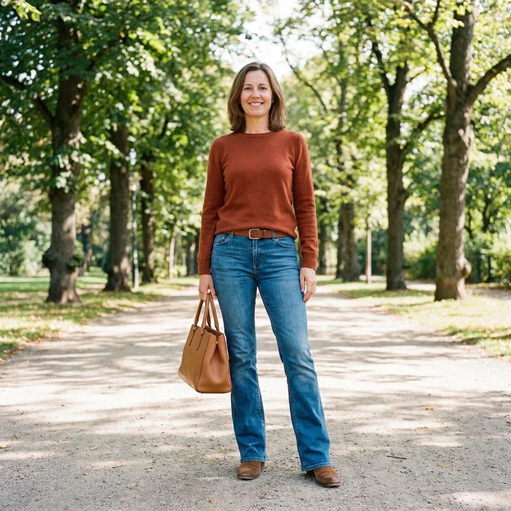 Woman in bootcut jeans and a rust sweater with ankle boots barely visible under the flared hem.