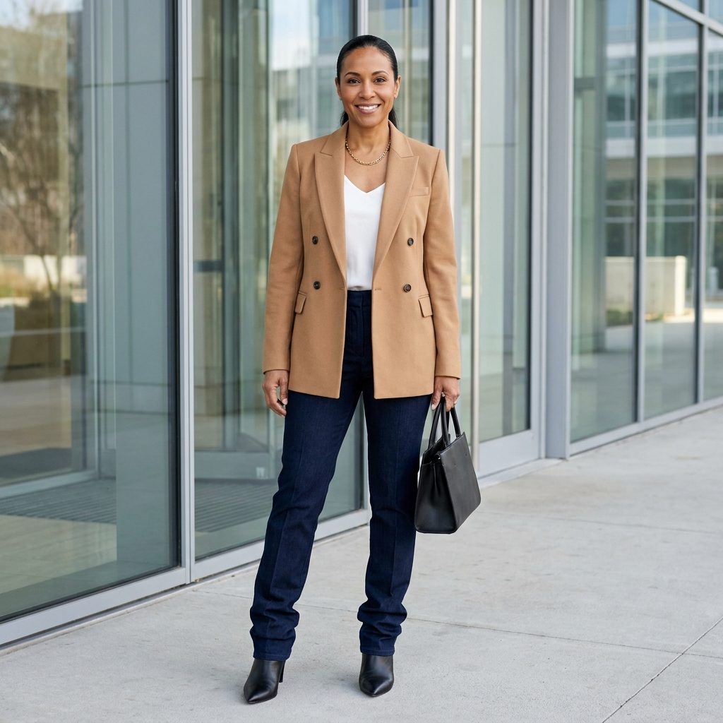 Woman in dark navy trouser-jeans and camel blazer with pointed ankle boots, the hem breaking twice and folding over the boot.
