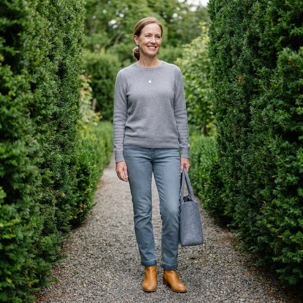 Woman in cool blue-gray jeans and dove-gray sweater with warm honey-tan ankle boots.