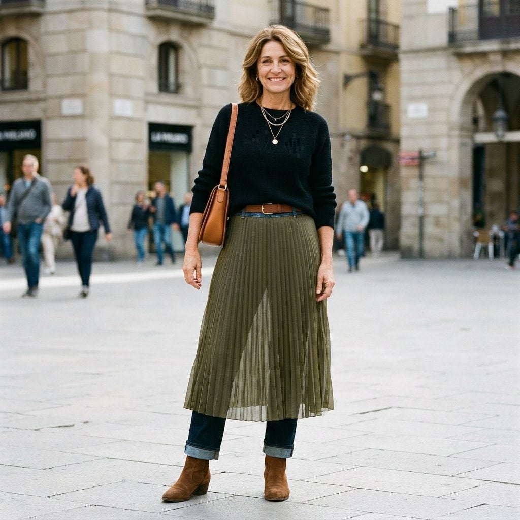 Woman in jeans under an olive midi skirt with ankle boots, showing a strip of denim between the skirt hem and the boot.