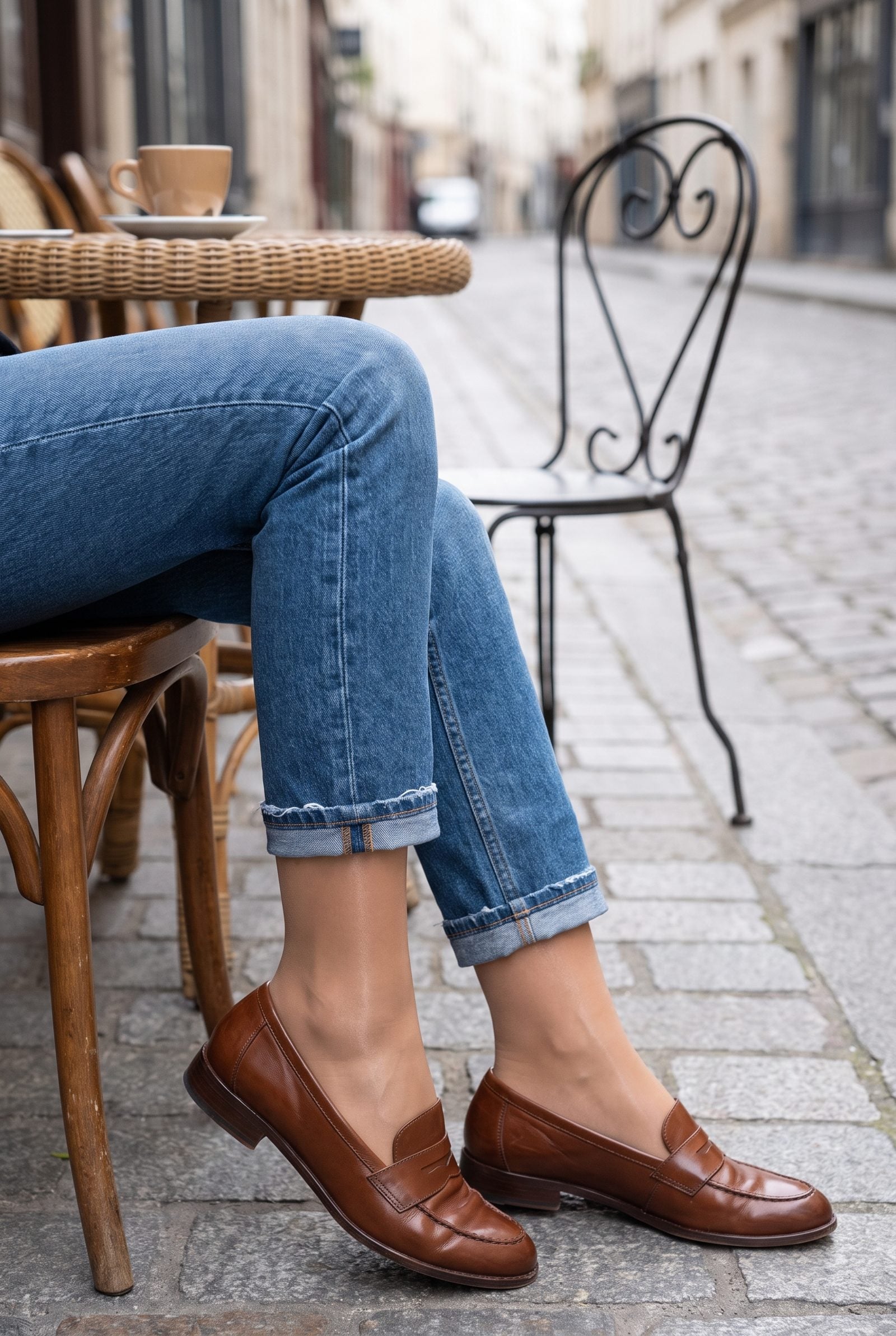Woman in dark ankle jeans and black loafers with sheer nude hosiery visible on the exposed ankle.