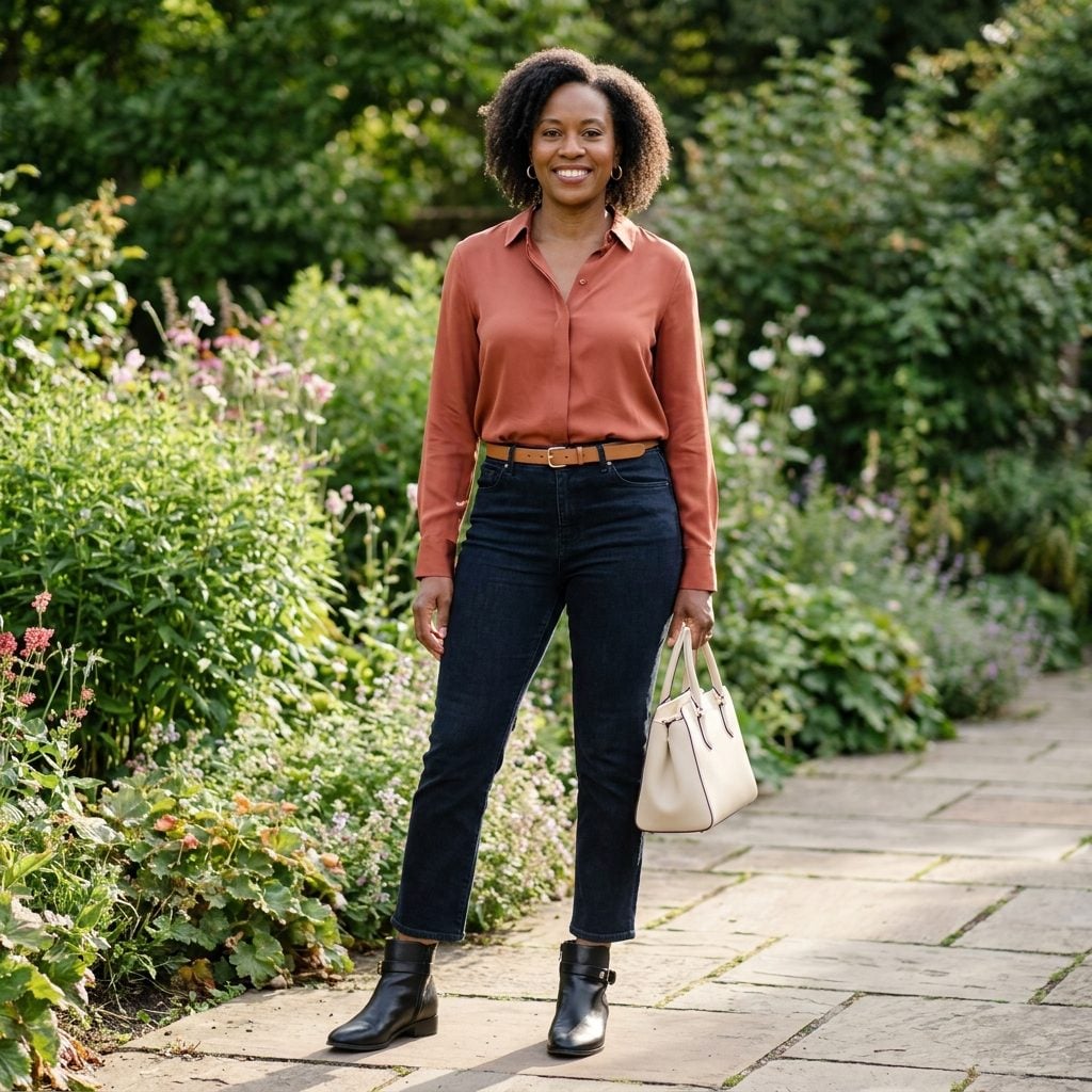 Woman in dark cropped jeans and a terracotta blouse wearing ankle boots with a thin strap wrapping the ankle.