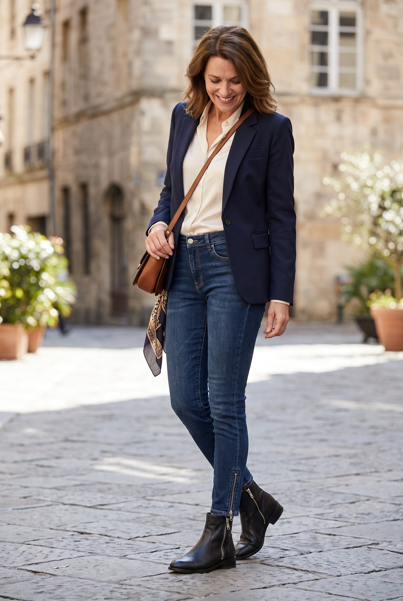 Woman in ankle-zip skinny jeans meeting side-zip black boots, two sets of hardware at the ankle.