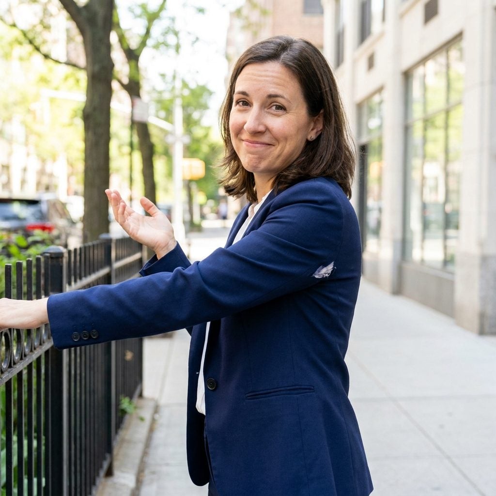 Woman in a navy pinstripe blazer, tight armholes pulling with faint horizontal tension lines across the upper chest.