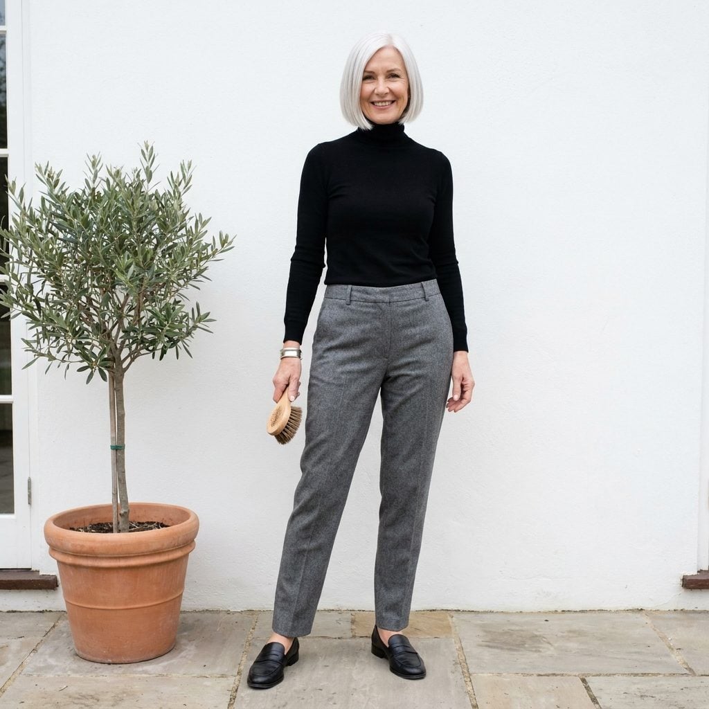 Woman with a sharp platinum precision bob holding a round brush, a cut that needs daily styling.