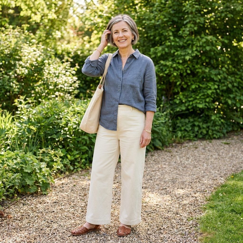 Woman aged 52 with fine salt-and-pepper wavy hair in a short crop, ends lifting rather than tucking.