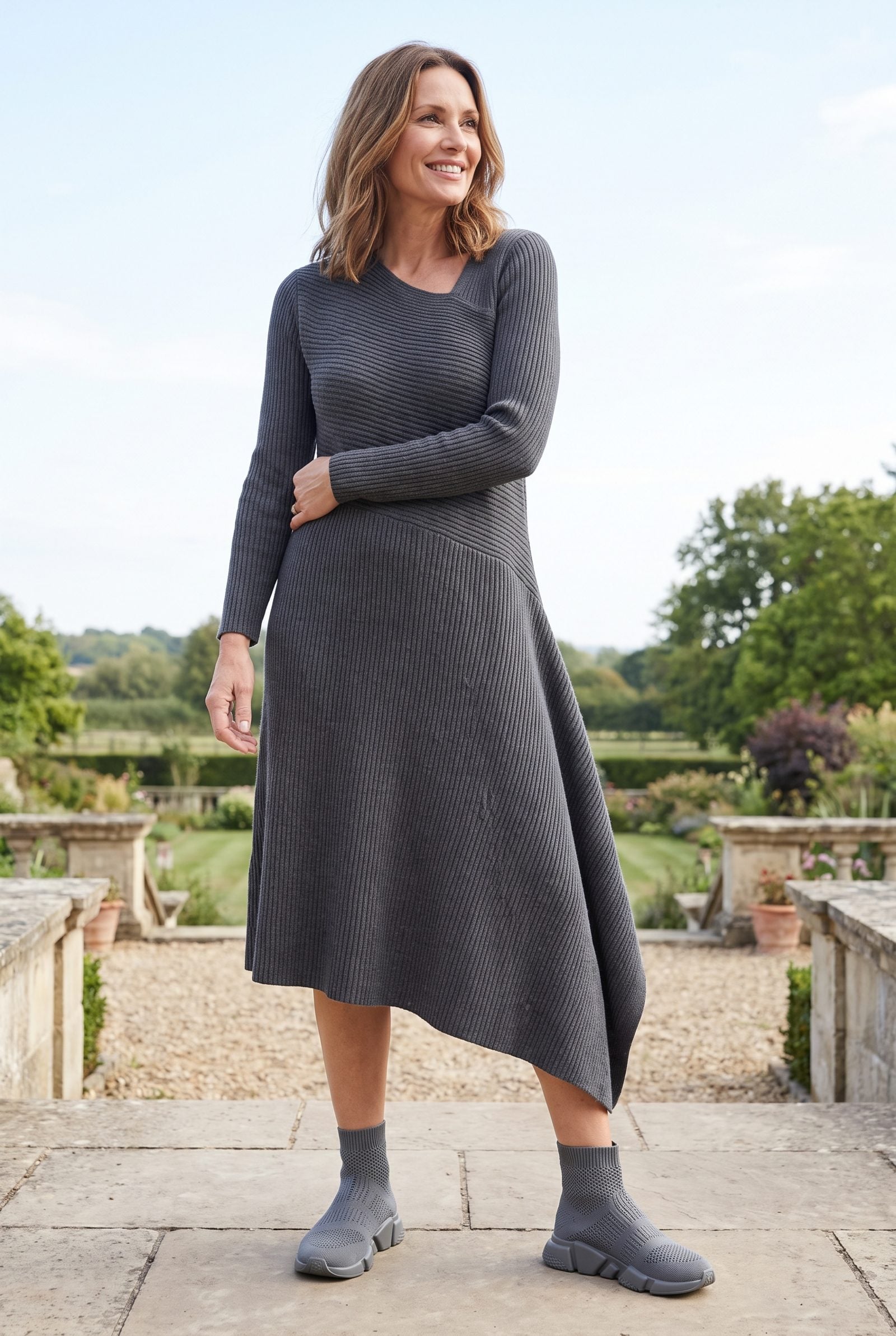 Asymmetric Knit Dress With Sock Sneakers: Chic