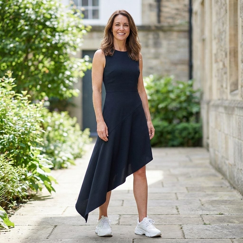 Woman in a black asymmetric-hem cocktail dress with oversized white trainers interrupting the draped hemline.