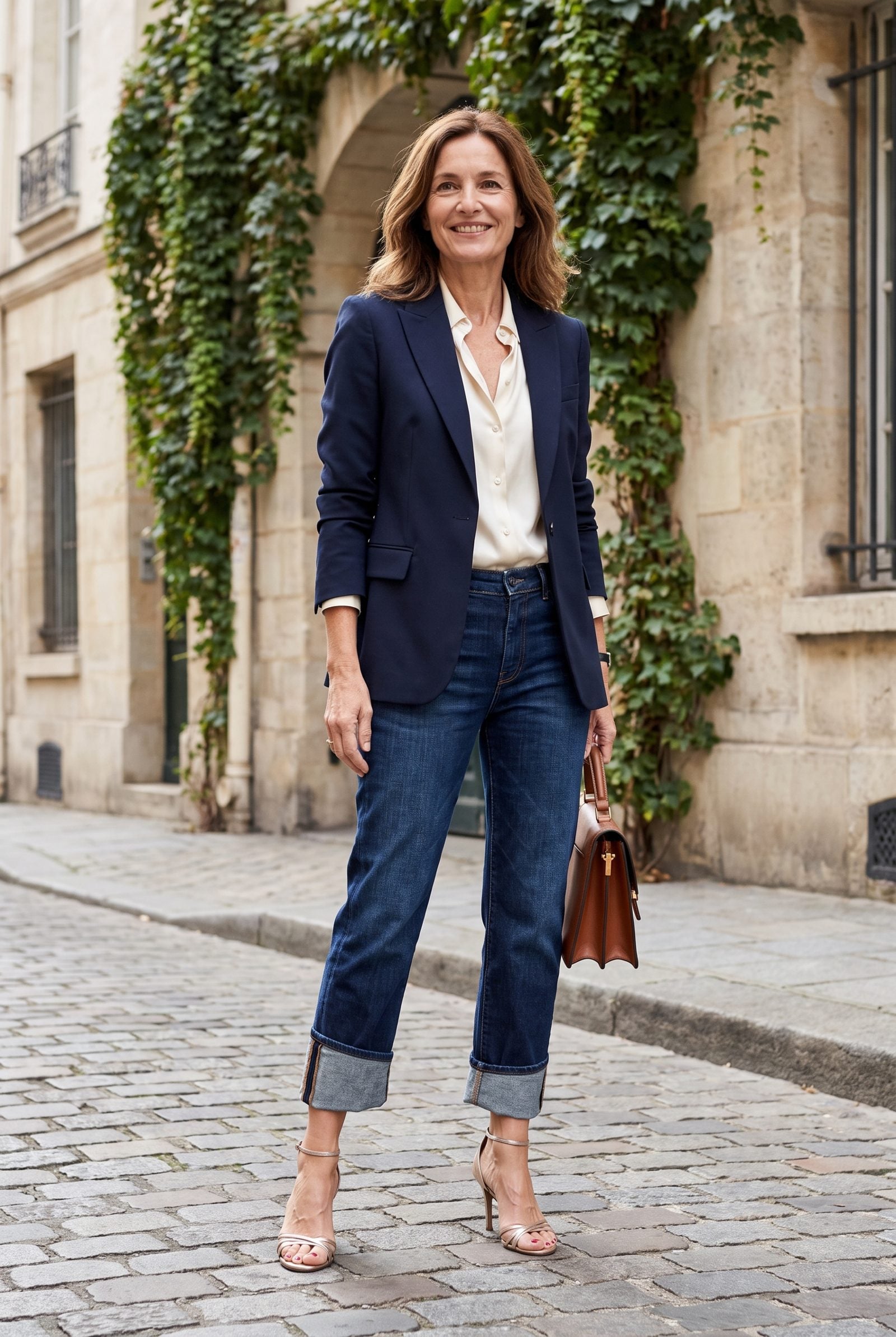 Woman in dark indigo jeans, black knit top, and strappy heeled sandals, with one leg cuffed at the ankle and the other