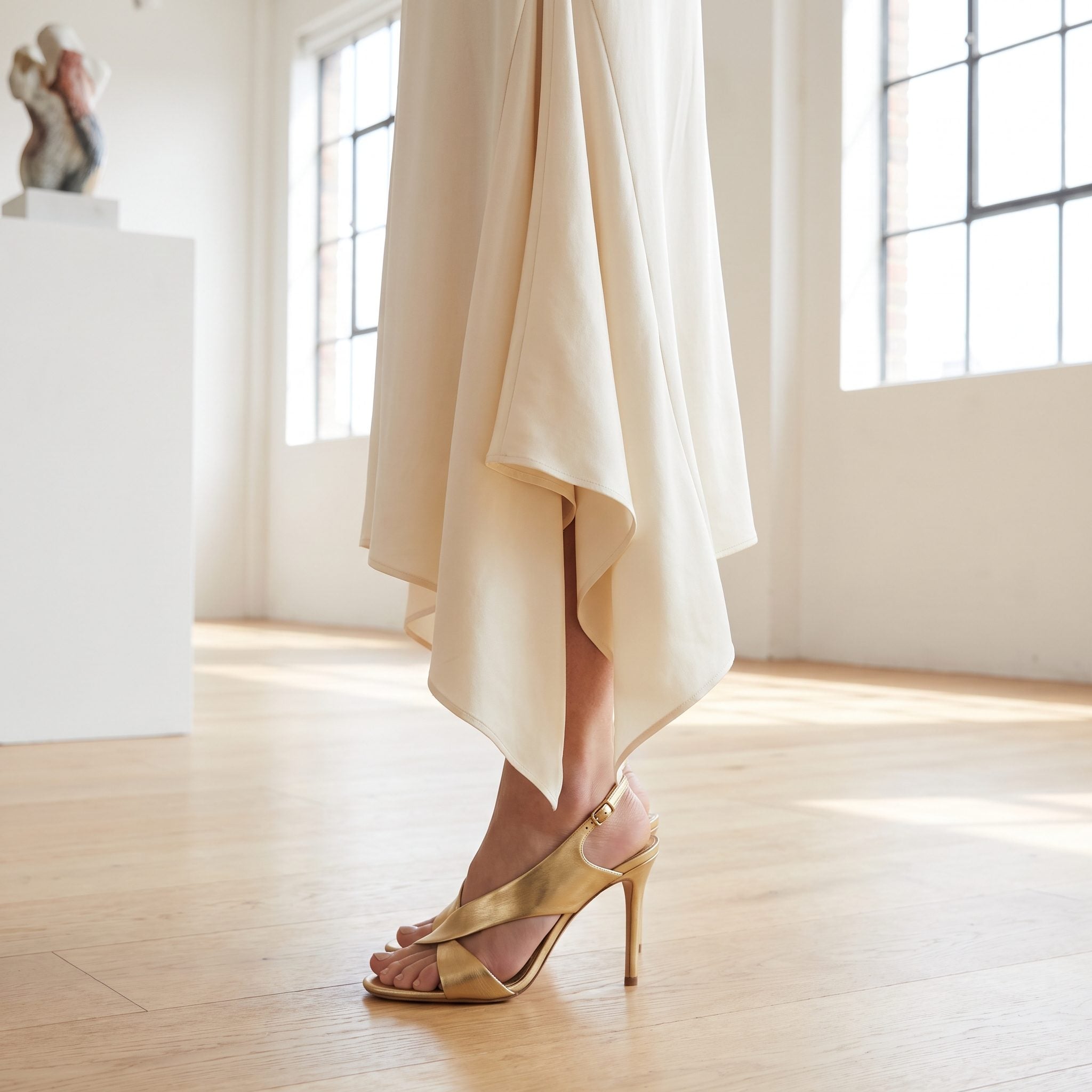 Asymmetrical Draped Midi Dress + Sculptural Sandals