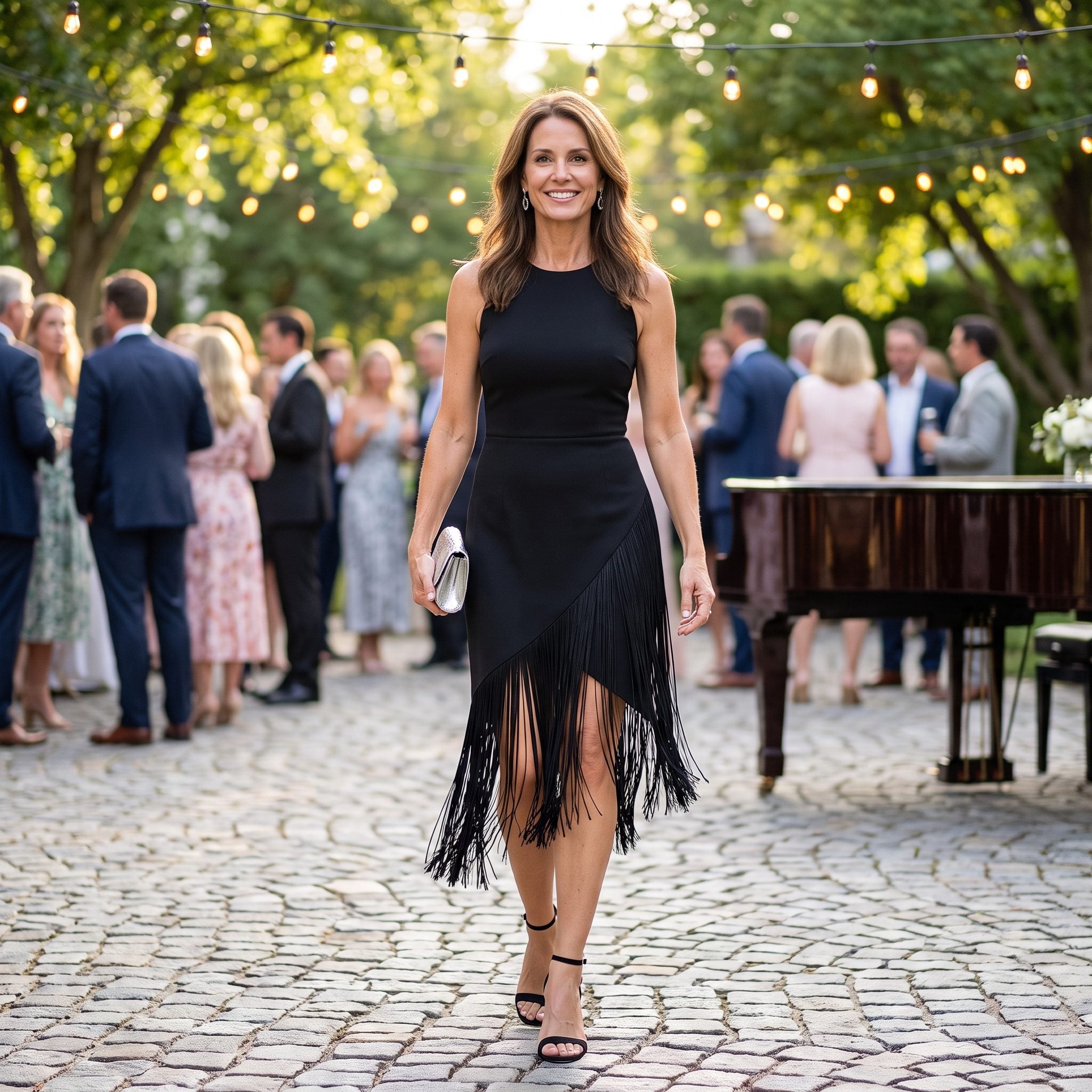 Asymmetrical Fringe Dress + Minimal Ankle-Strap Heels